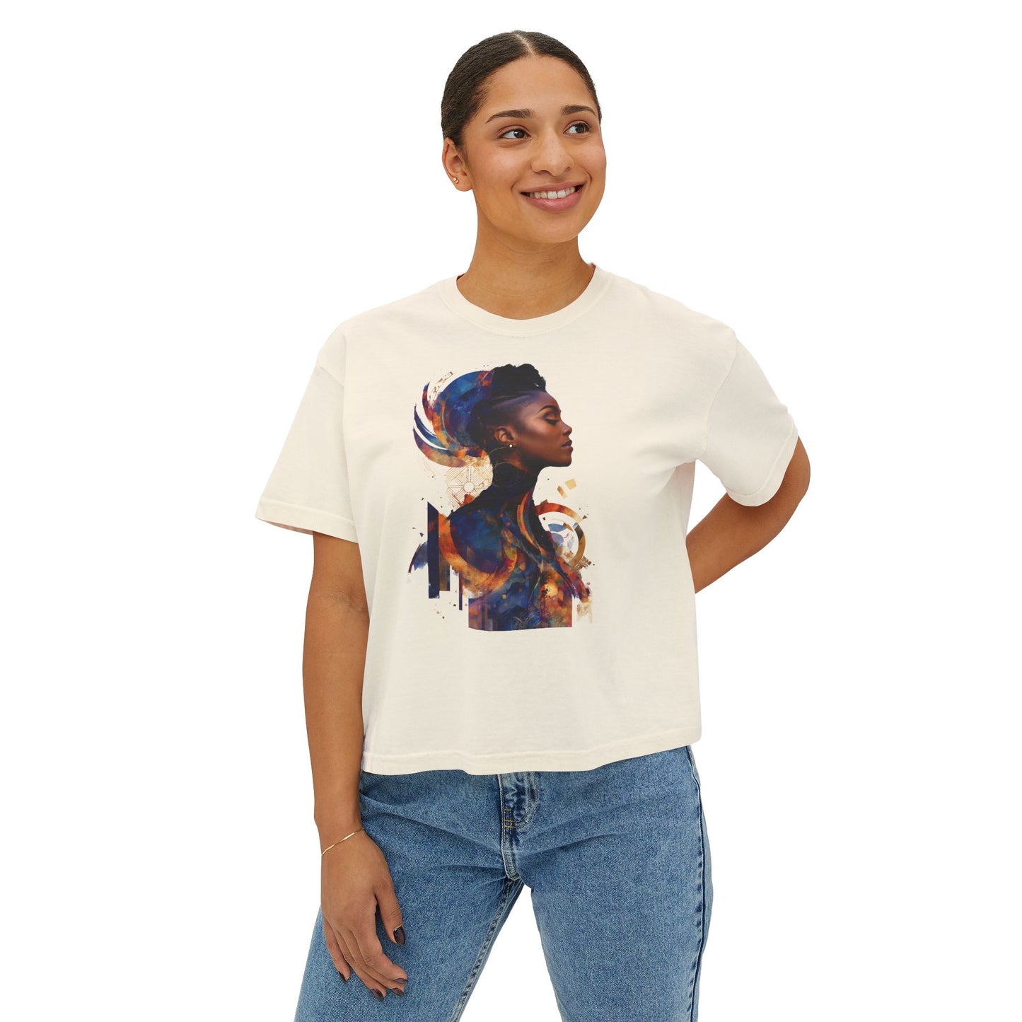 Women Boxy Tee with Abstract Art Design