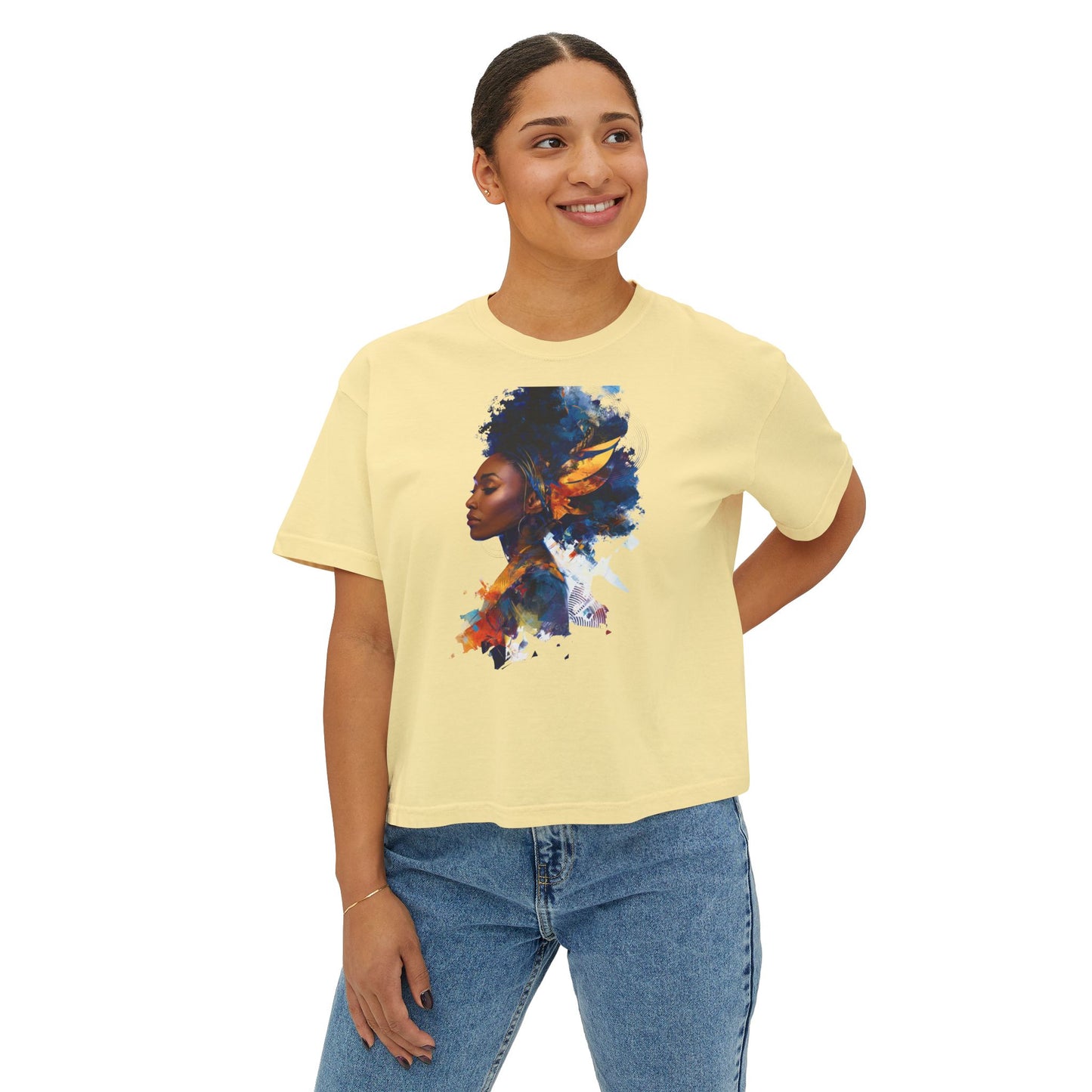 Empowering Women's Boxy Tee with Artistic Afro Design