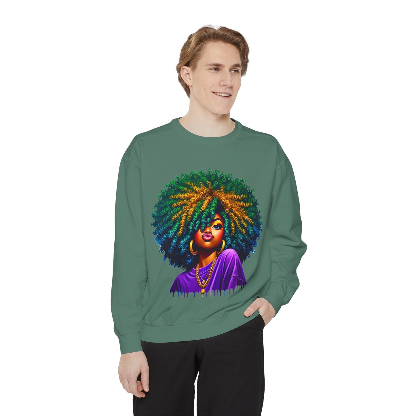 Vibrant Afro Queen Sweatshirt - Unisex Garment-Dyed Apparel