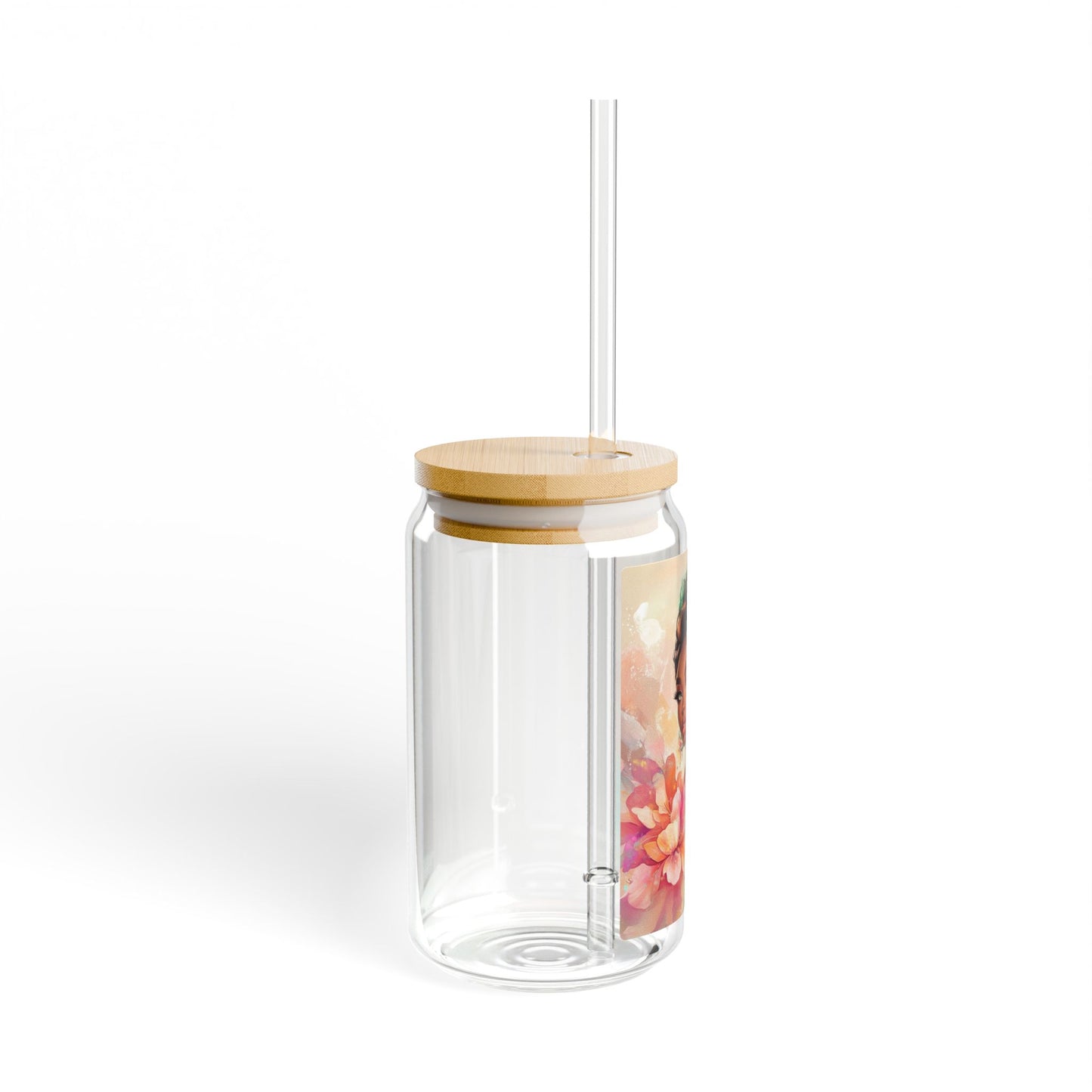 Elegant Floral Sipper Glass, 16oz - Artistic Botanical Drinkware with Straw