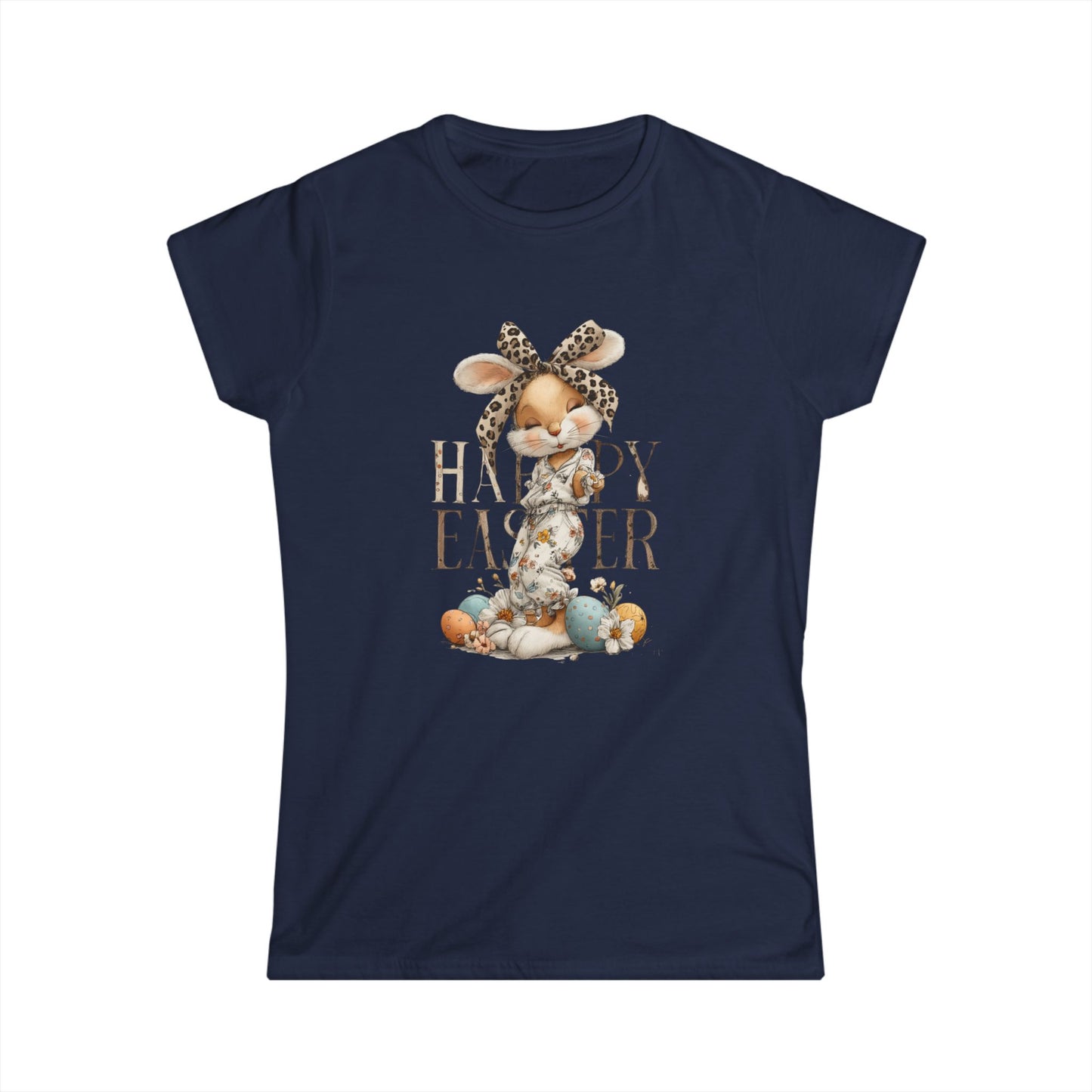 Happy Easter Women's Softstyle Tee - Cute Bunny Graphic Tee for Spring Celebrations