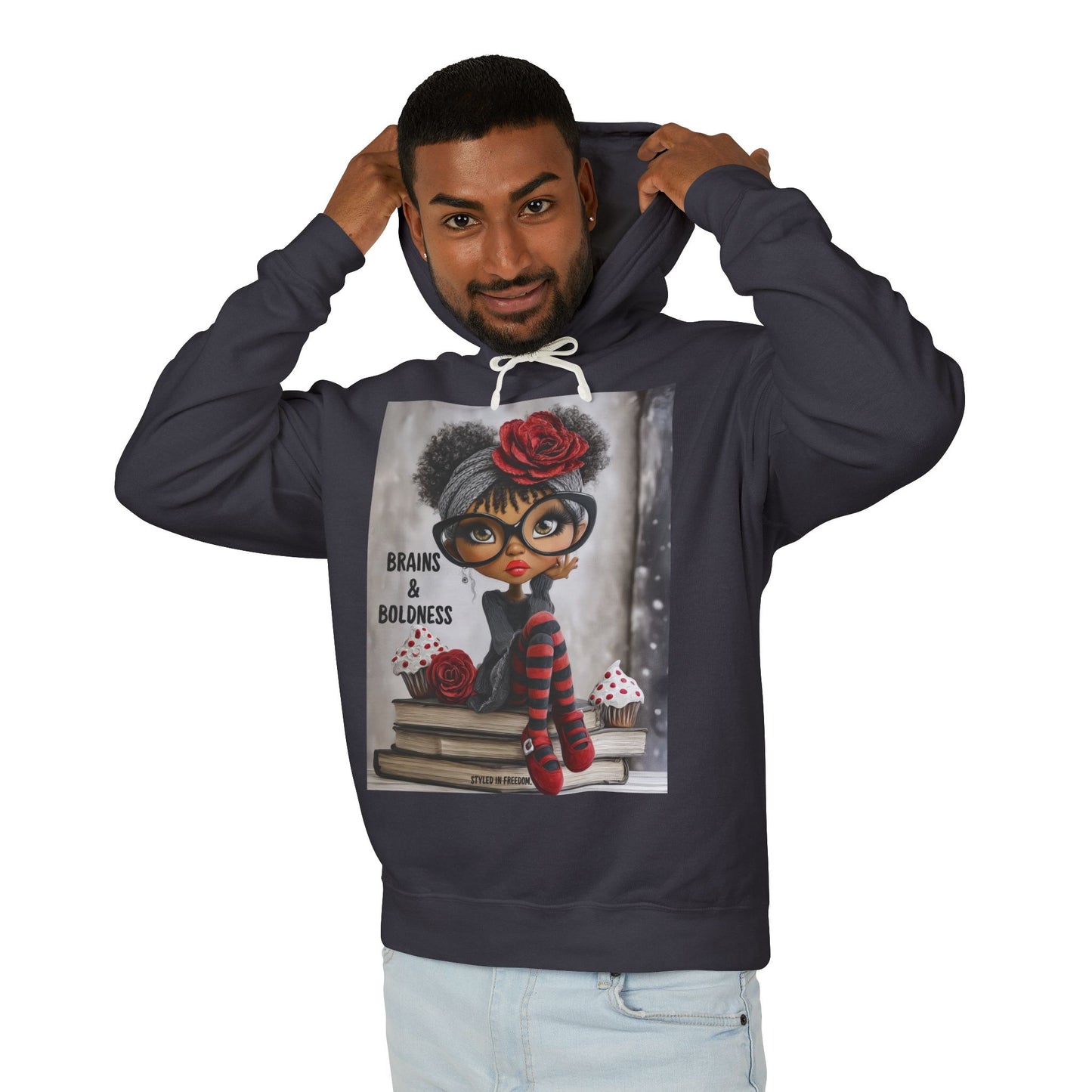 LIMITED EDITION | Brains & Boldness Chic Scholar Doll — Retro Glasses, Red Rose & Striped Socks Graphic Hoodie