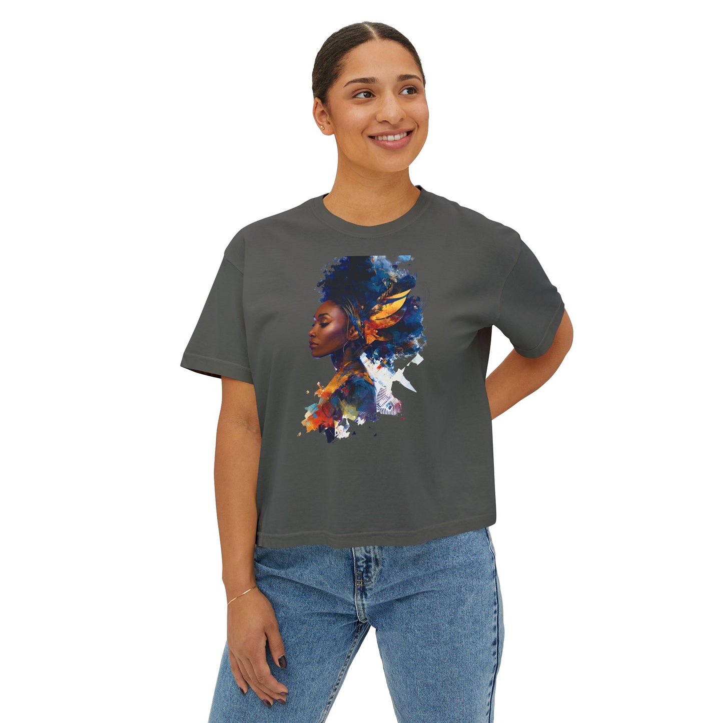 Empowering Women's Boxy Tee with Artistic Afro Design