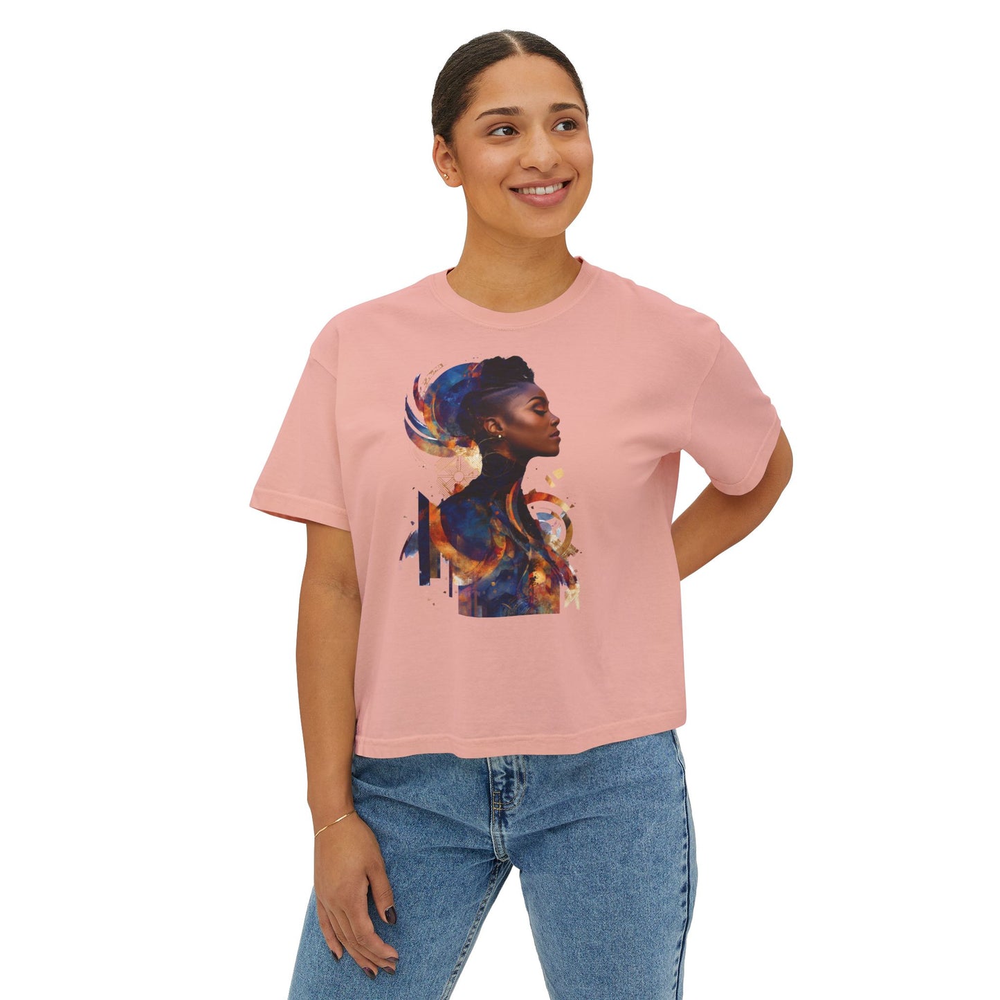 Women Boxy Tee with Abstract Art Design