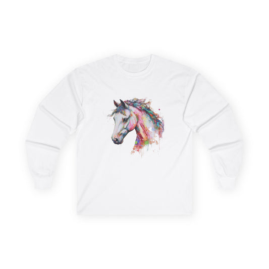 Colorful Horse Long Sleeve Tee for Animal Lovers, Gift for Kids, Whimsical T-Shirt, Birthday Party Shirt, Pastel Colors Design