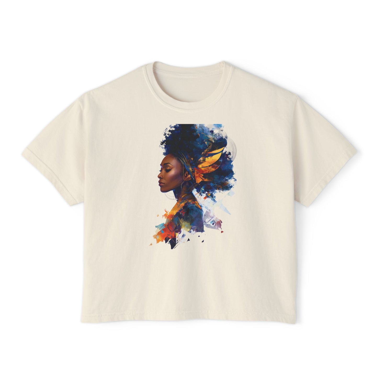 Empowering Women's Boxy Tee with Artistic Afro Design