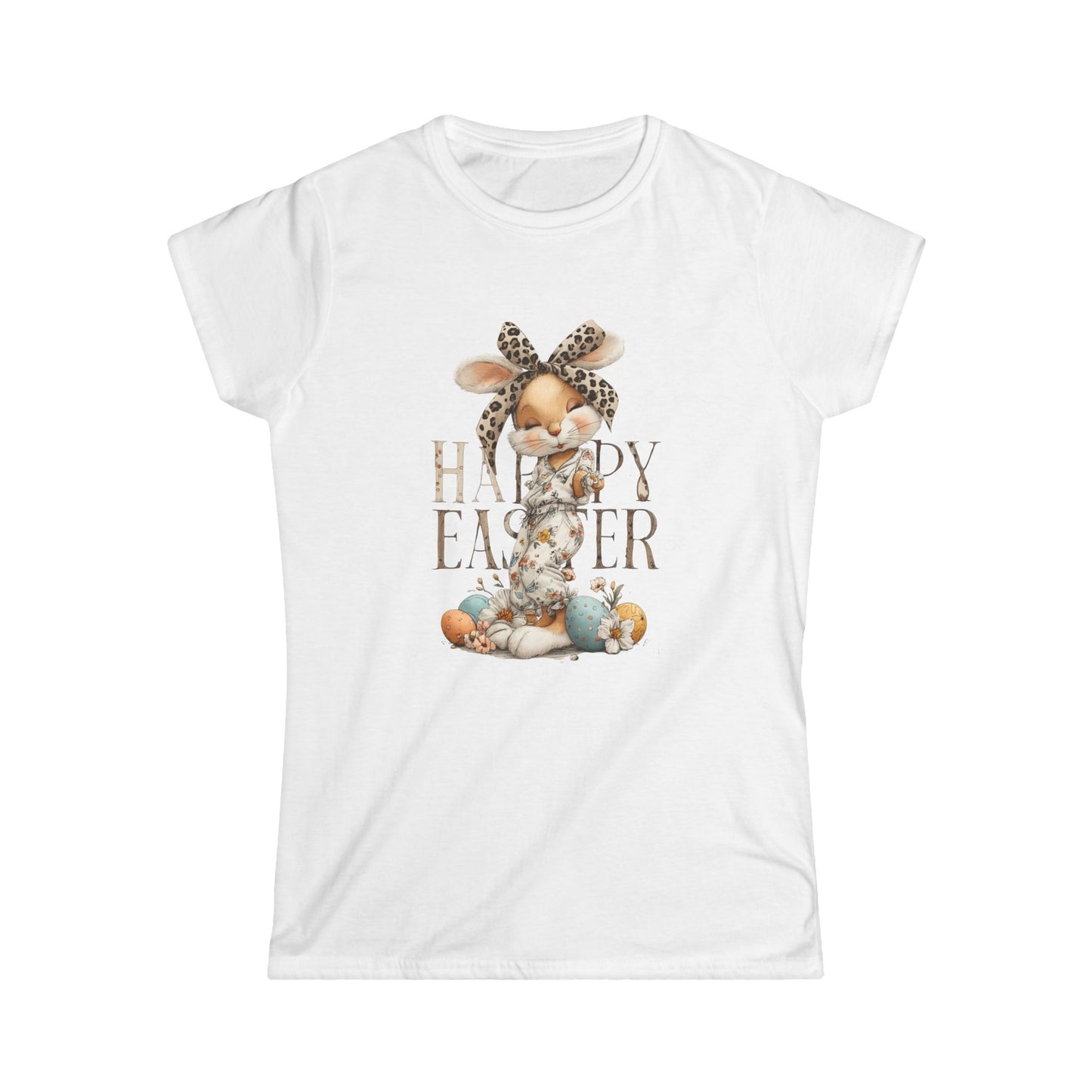 Happy Easter Women's Softstyle Tee - Cute Bunny Graphic Tee for Spring Celebrations