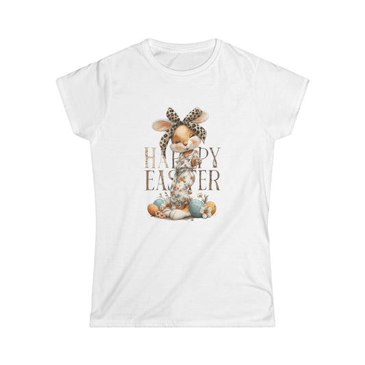 Happy Easter Women's Softstyle Tee - Cute Bunny Graphic Tee for Spring Celebrations