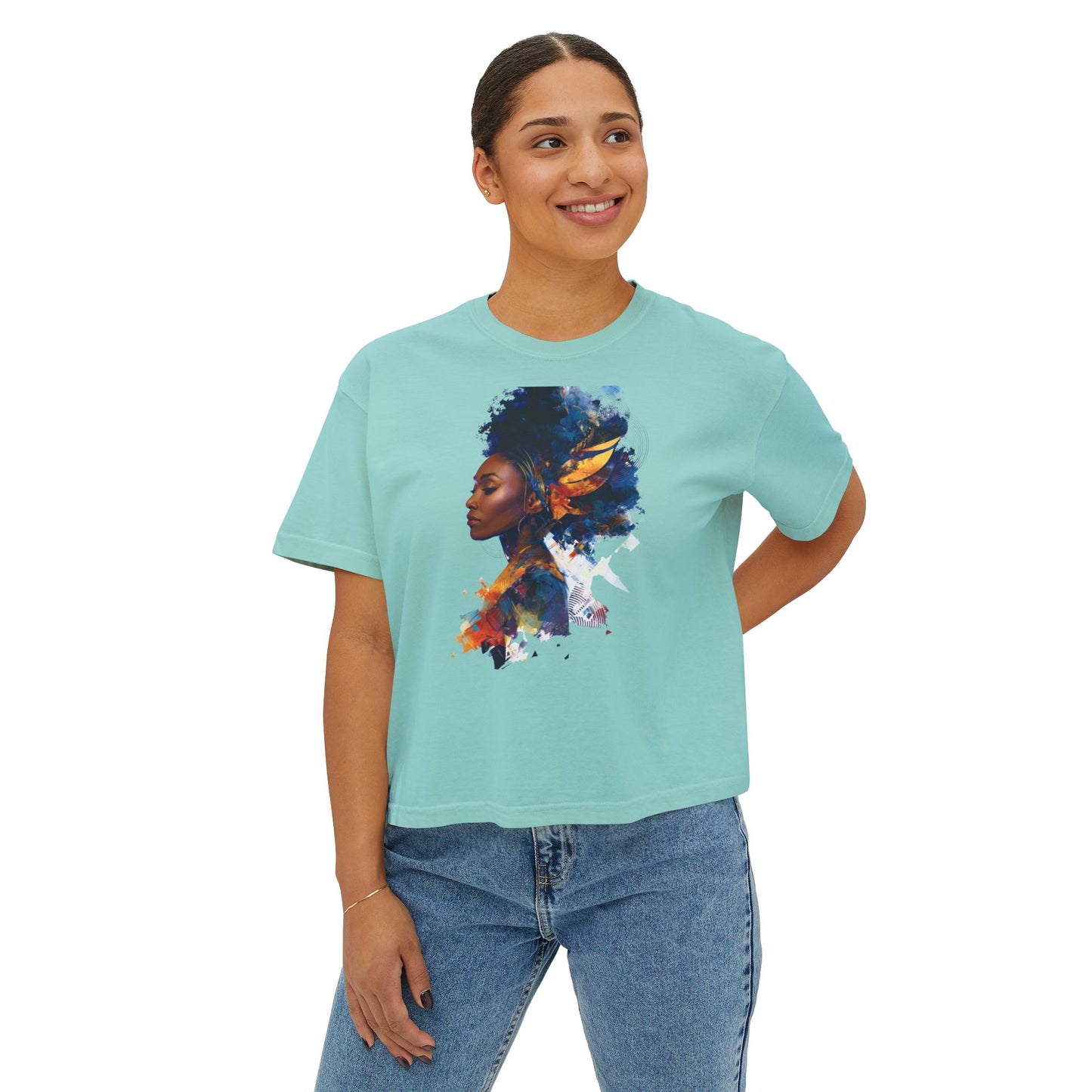Empowering Women's Boxy Tee with Artistic Afro Design