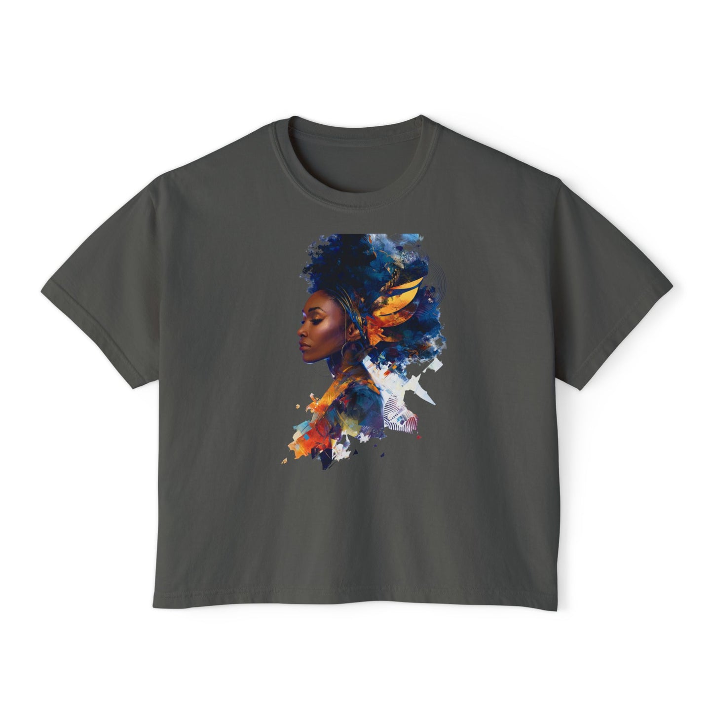 Empowering Women's Boxy Tee with Artistic Afro Design