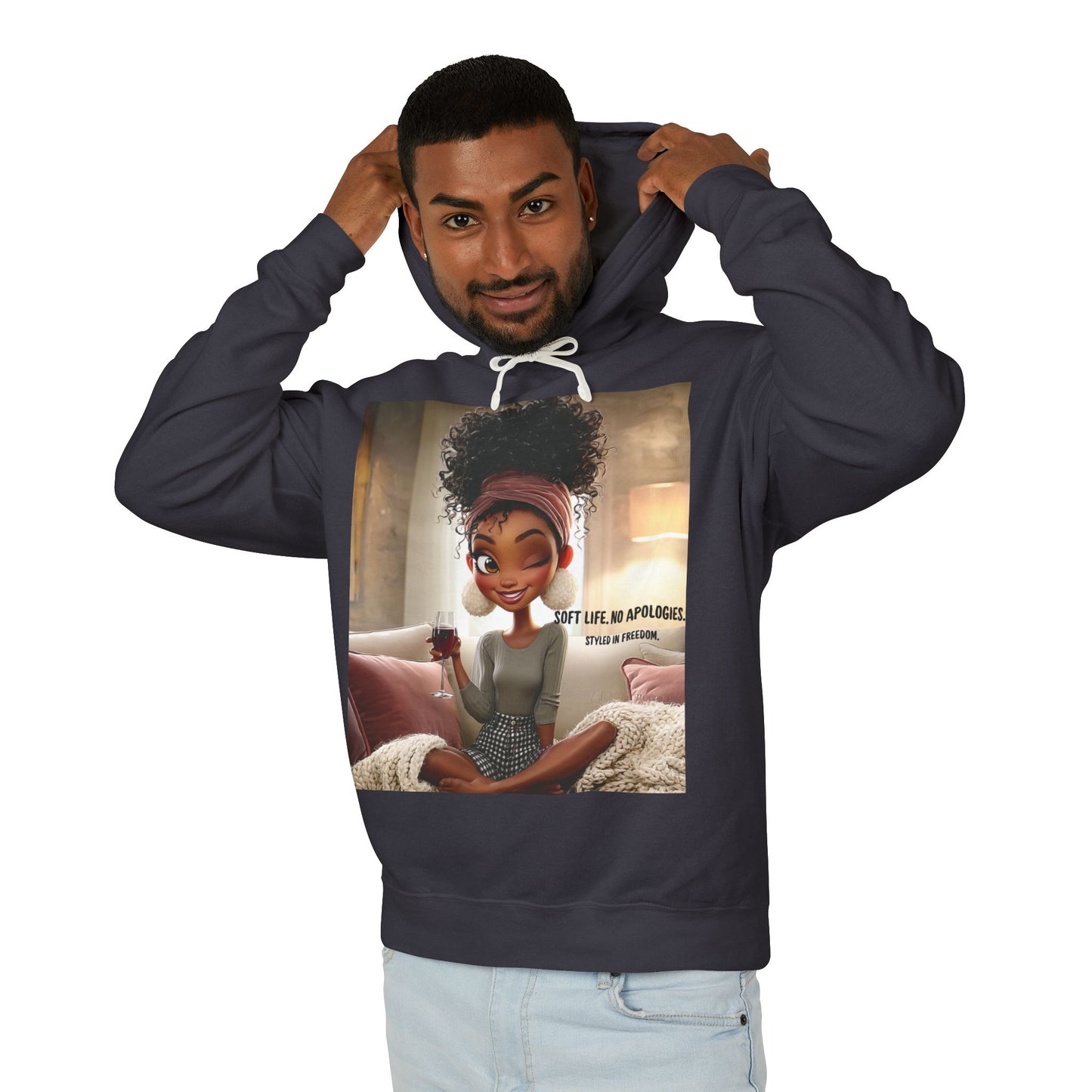 “Soft Life, No Apologies.” Hoodie — Cute Relaxing Cartoon Sweatshirt