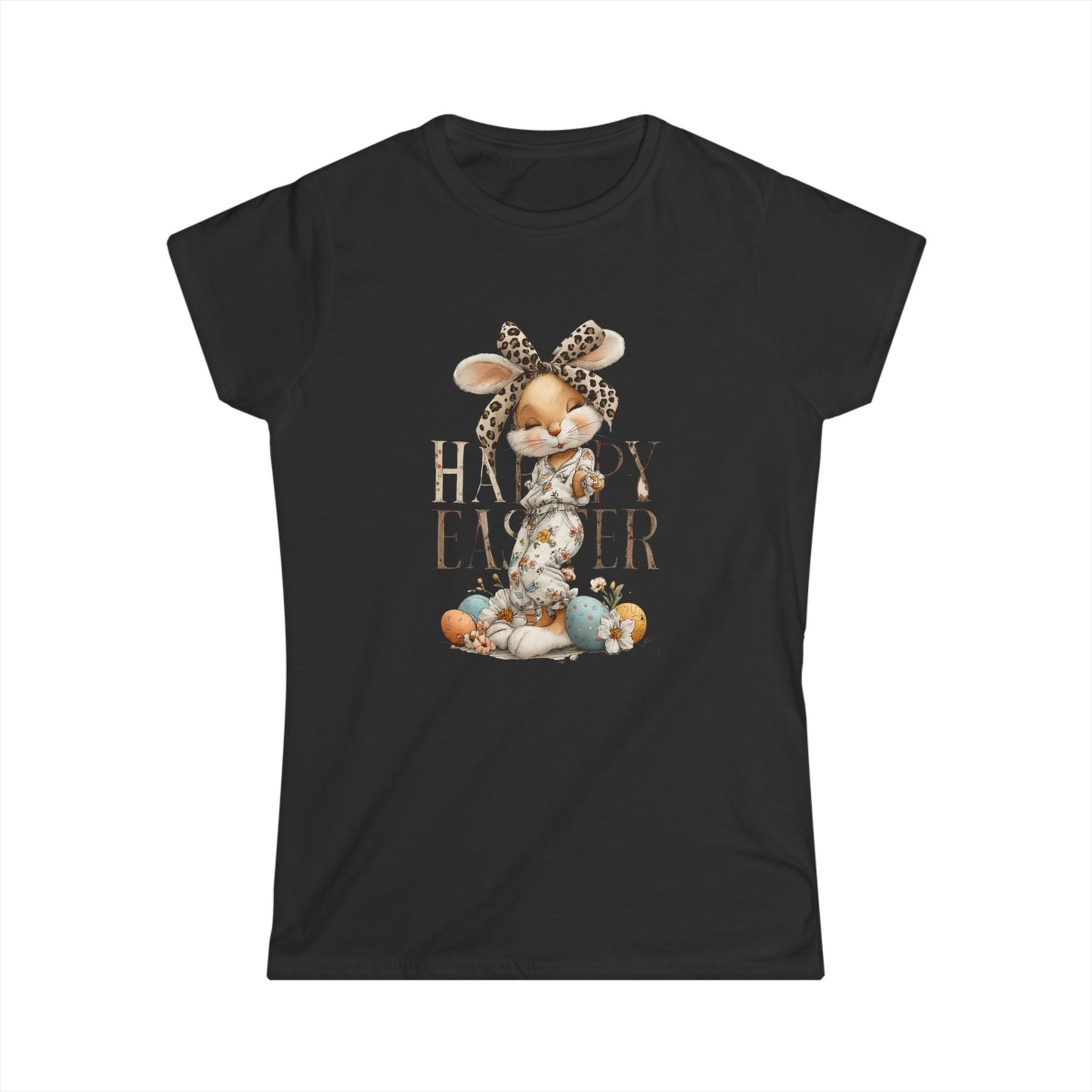 Happy Easter Women's Softstyle Tee - Cute Bunny Graphic Tee for Spring Celebrations