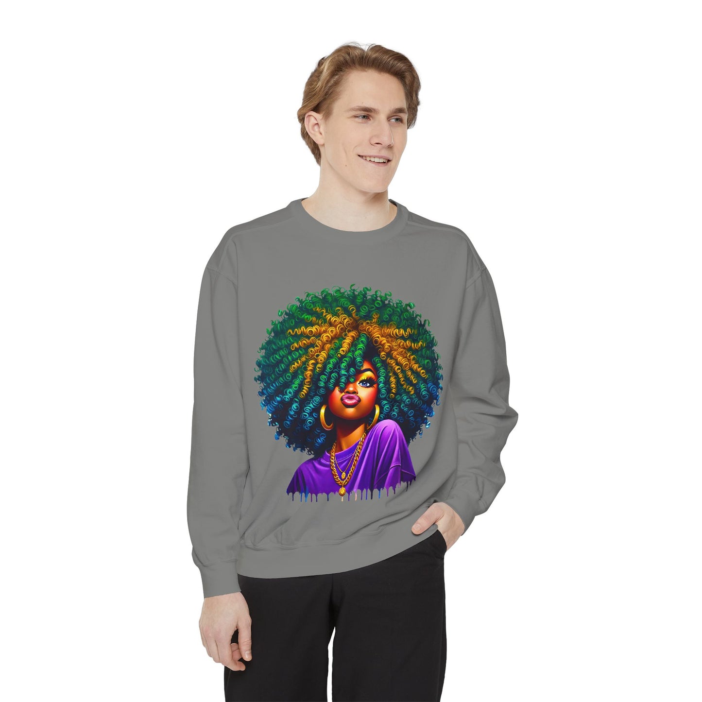 Vibrant Afro Queen Sweatshirt - Unisex Garment-Dyed Apparel