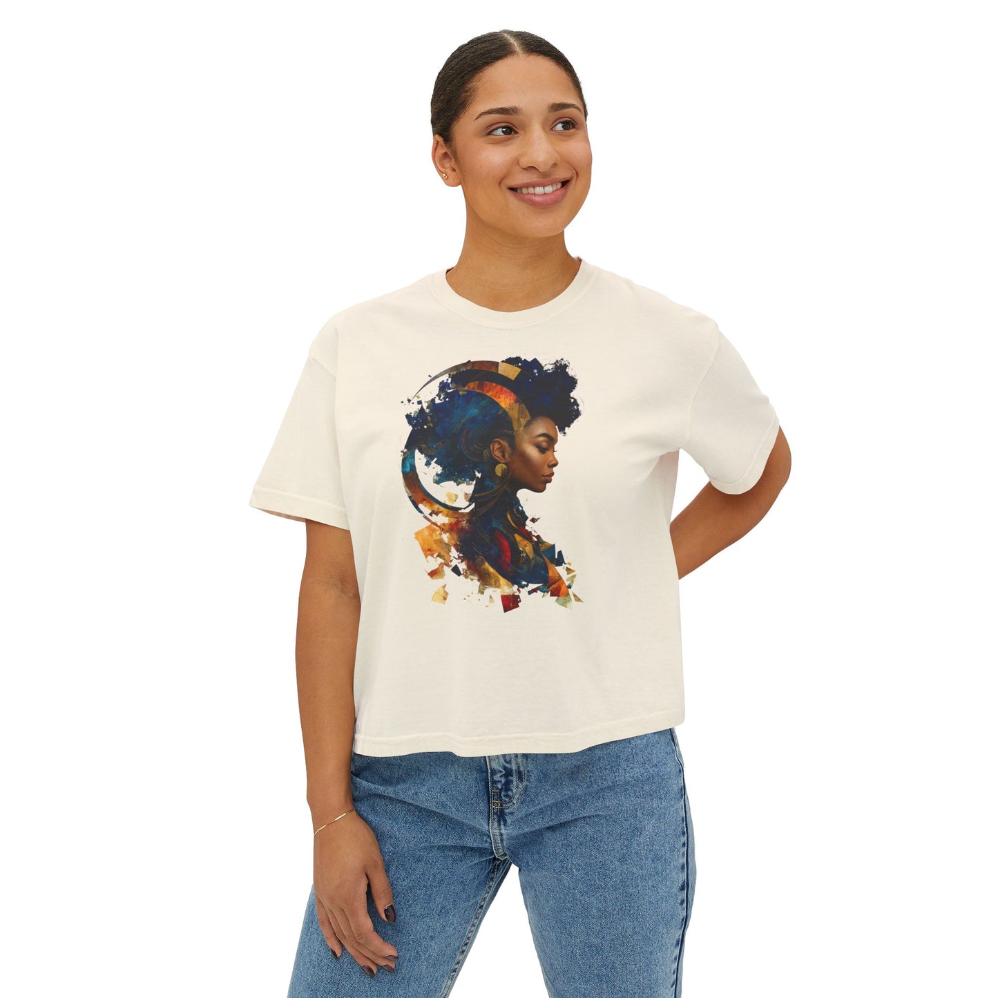 Artistic Women's Boxy Tee - Vibrant Profile Design