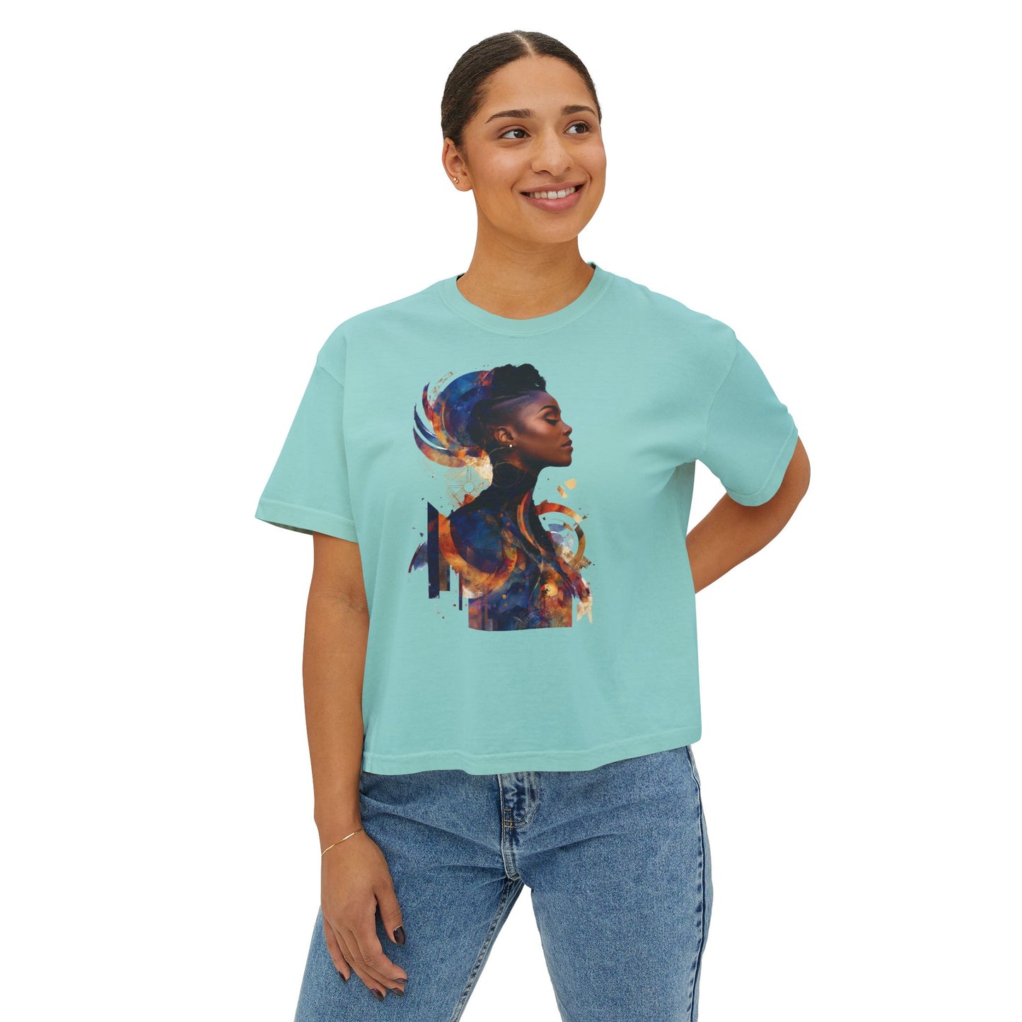 Women Boxy Tee with Abstract Art Design