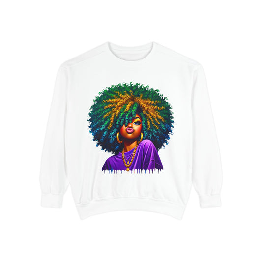 Vibrant Afro Queen Sweatshirt - Unisex Garment-Dyed Apparel