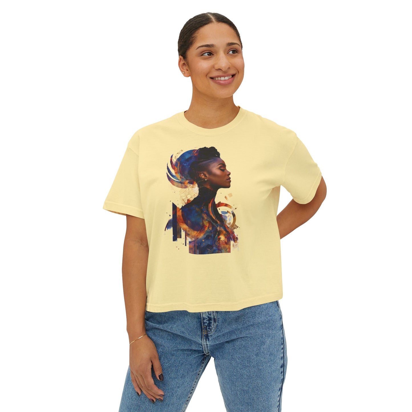 Women Boxy Tee with Abstract Art Design