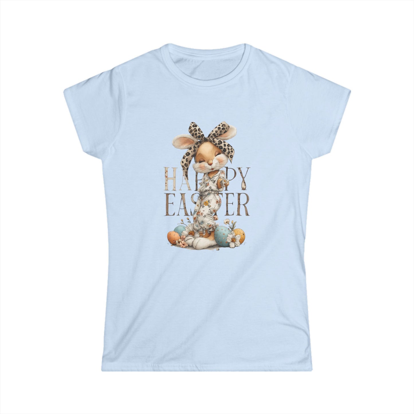 Happy Easter Women's Softstyle Tee - Cute Bunny Graphic Tee for Spring Celebrations