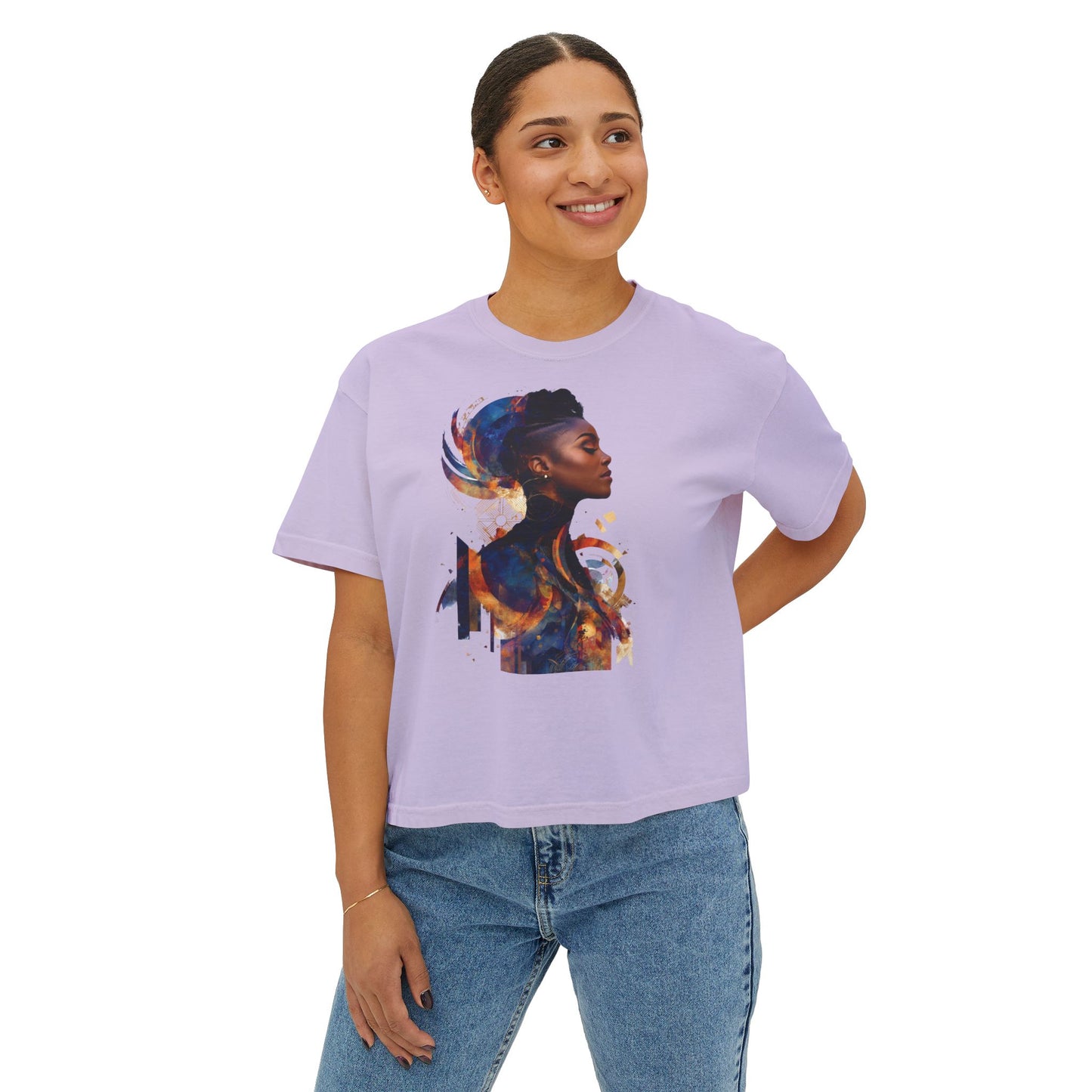 Women Boxy Tee with Abstract Art Design