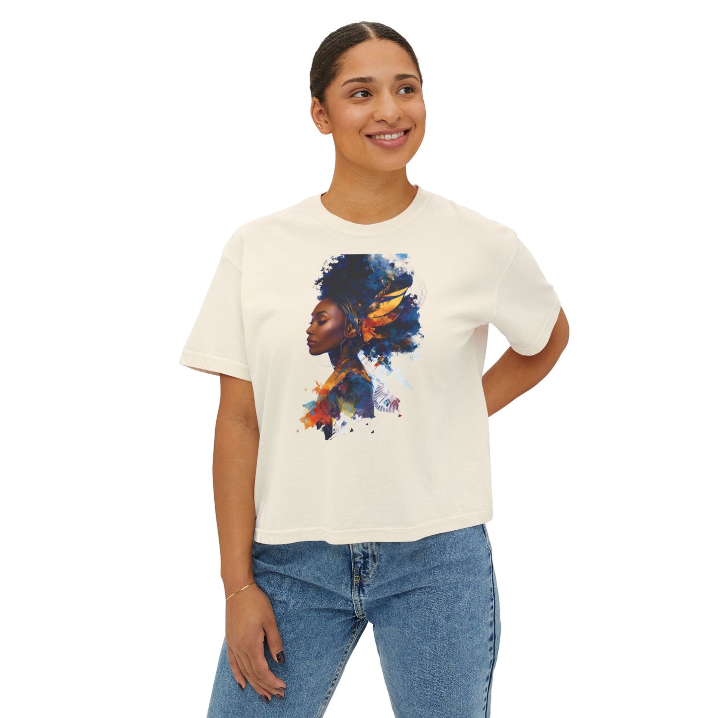 Empowering Women's Boxy Tee with Artistic Afro Design