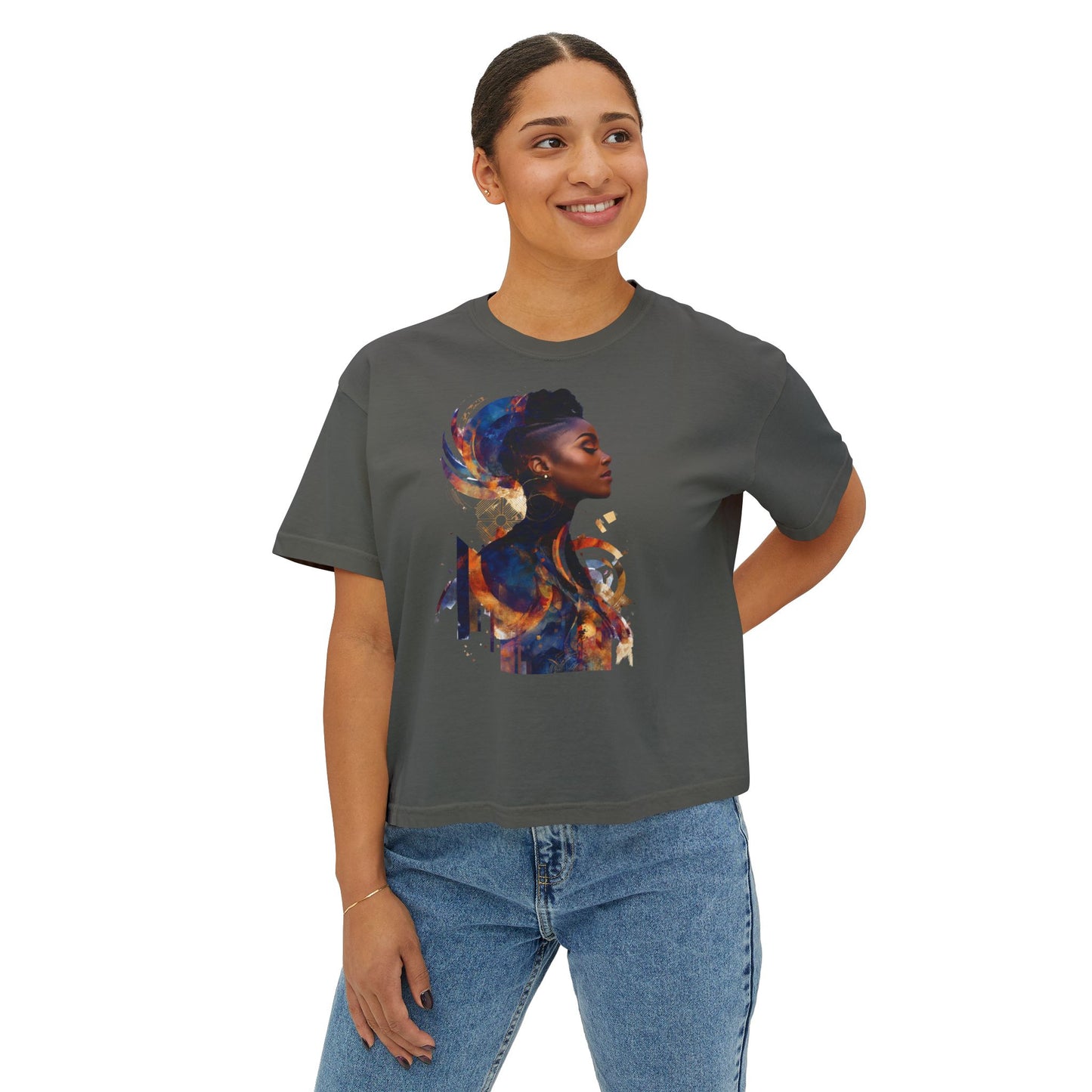 Women Boxy Tee with Abstract Art Design
