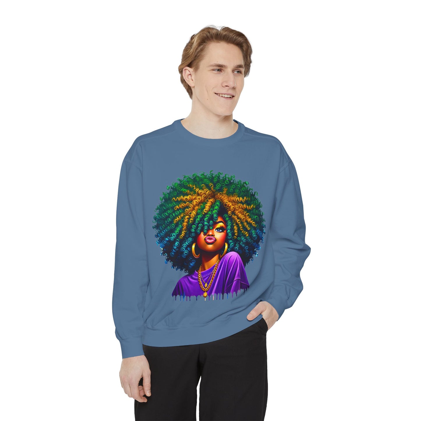 Vibrant Afro Queen Sweatshirt - Unisex Garment-Dyed Apparel