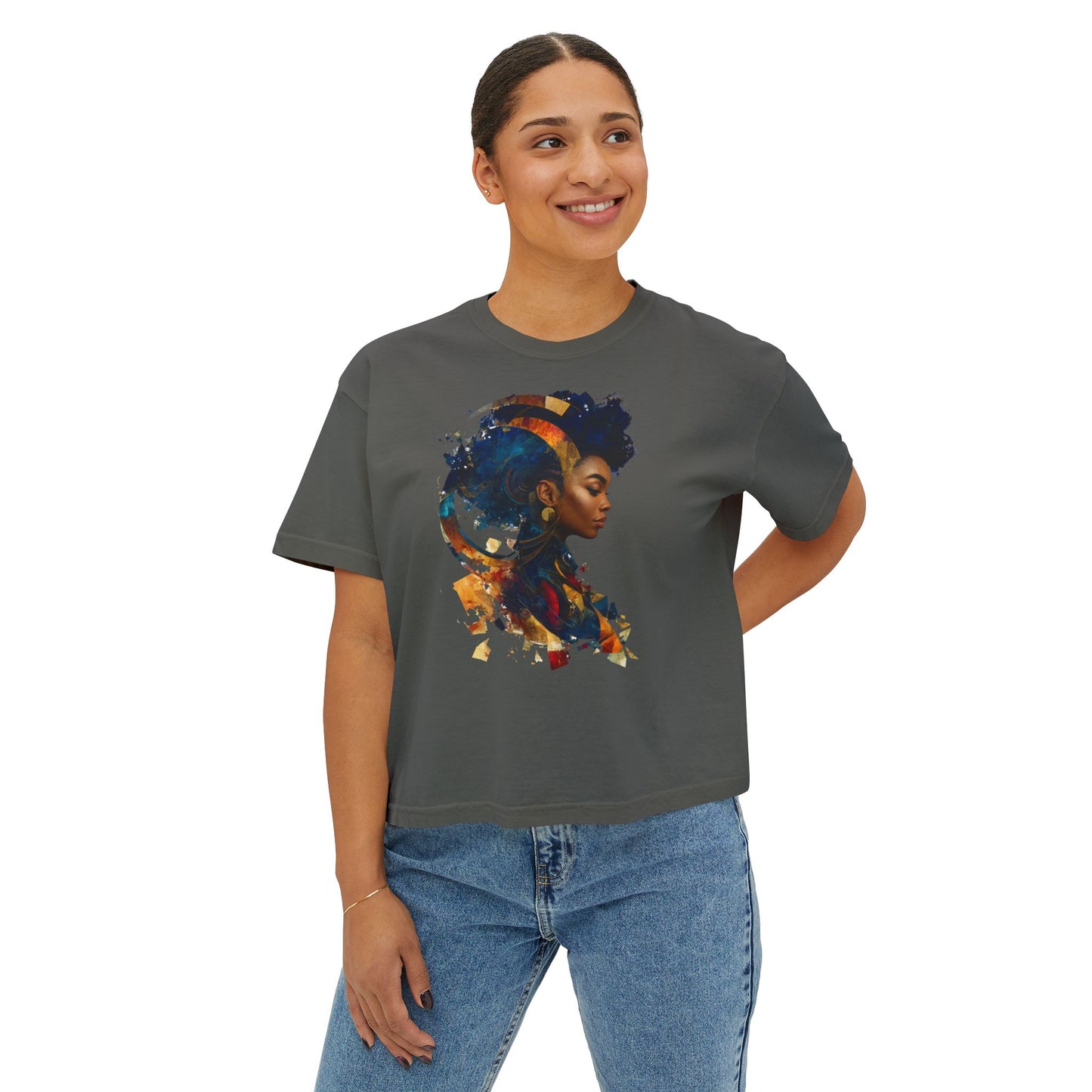 Artistic Women's Boxy Tee - Vibrant Profile Design
