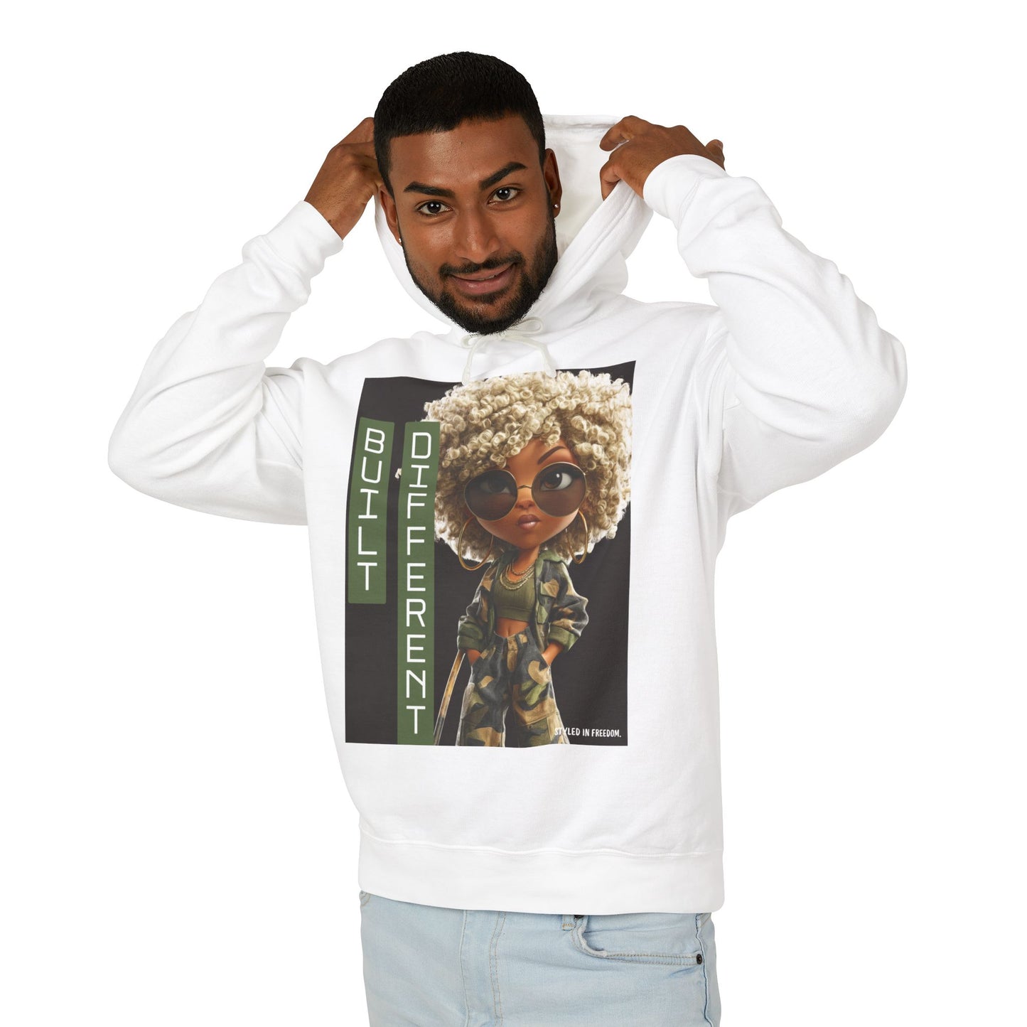 Built Different Hoodie — Cute Afro Doll Graphic Lightweight Hoodie