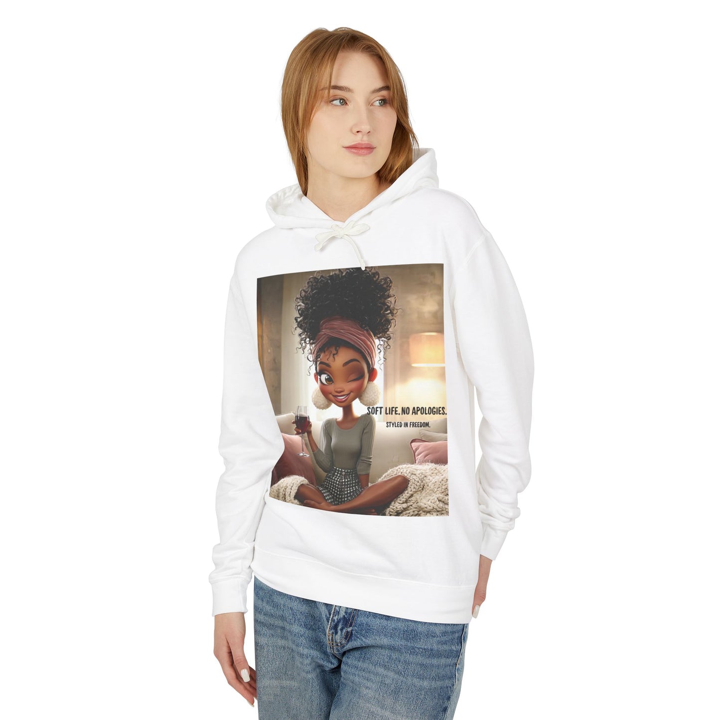 “Soft Life, No Apologies.” Hoodie — Cute Relaxing Cartoon Sweatshirt