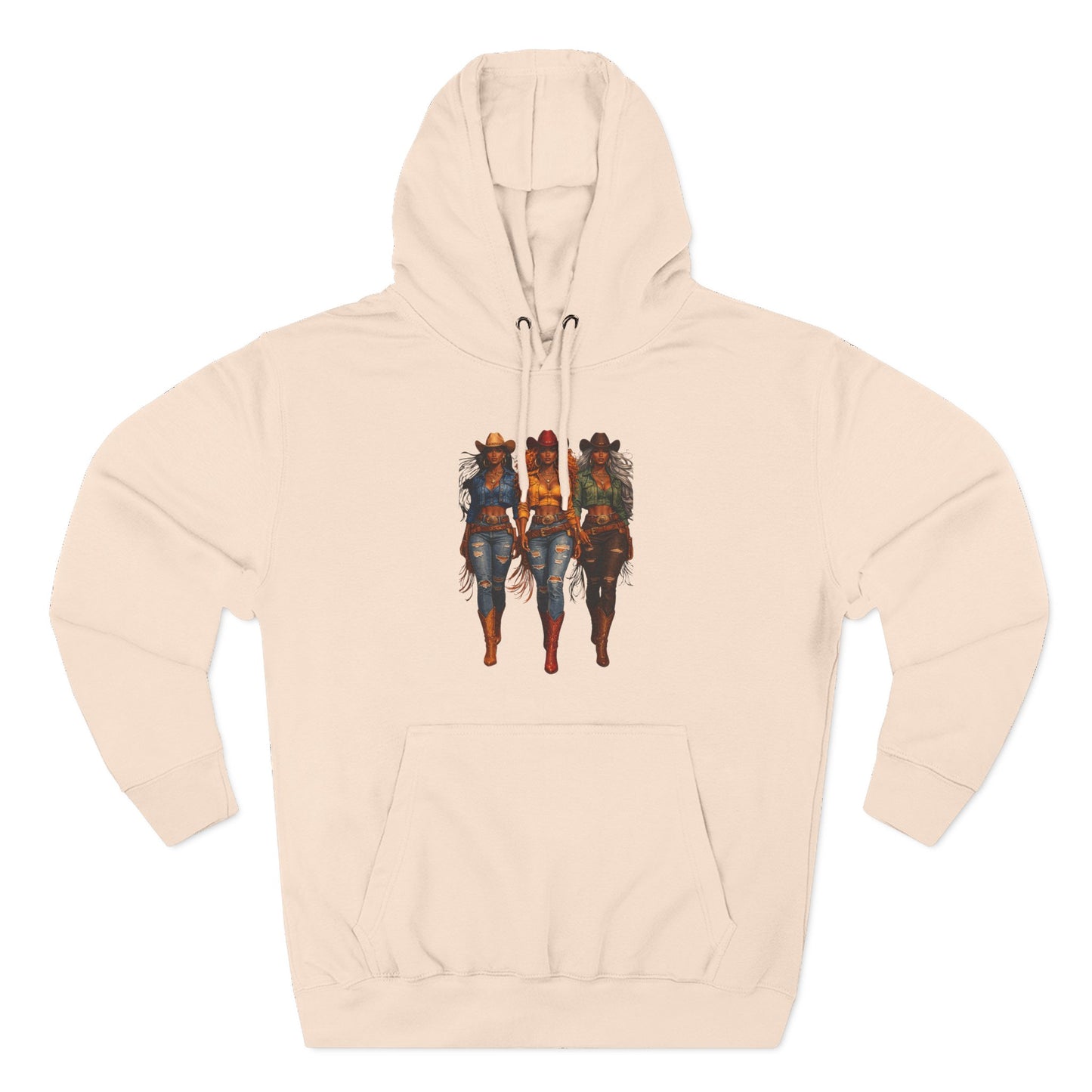 Three Riders Graphic Hoodie — “Yeehaw & Unbothered”, Fantasy Horsewomen Fleece Pullover