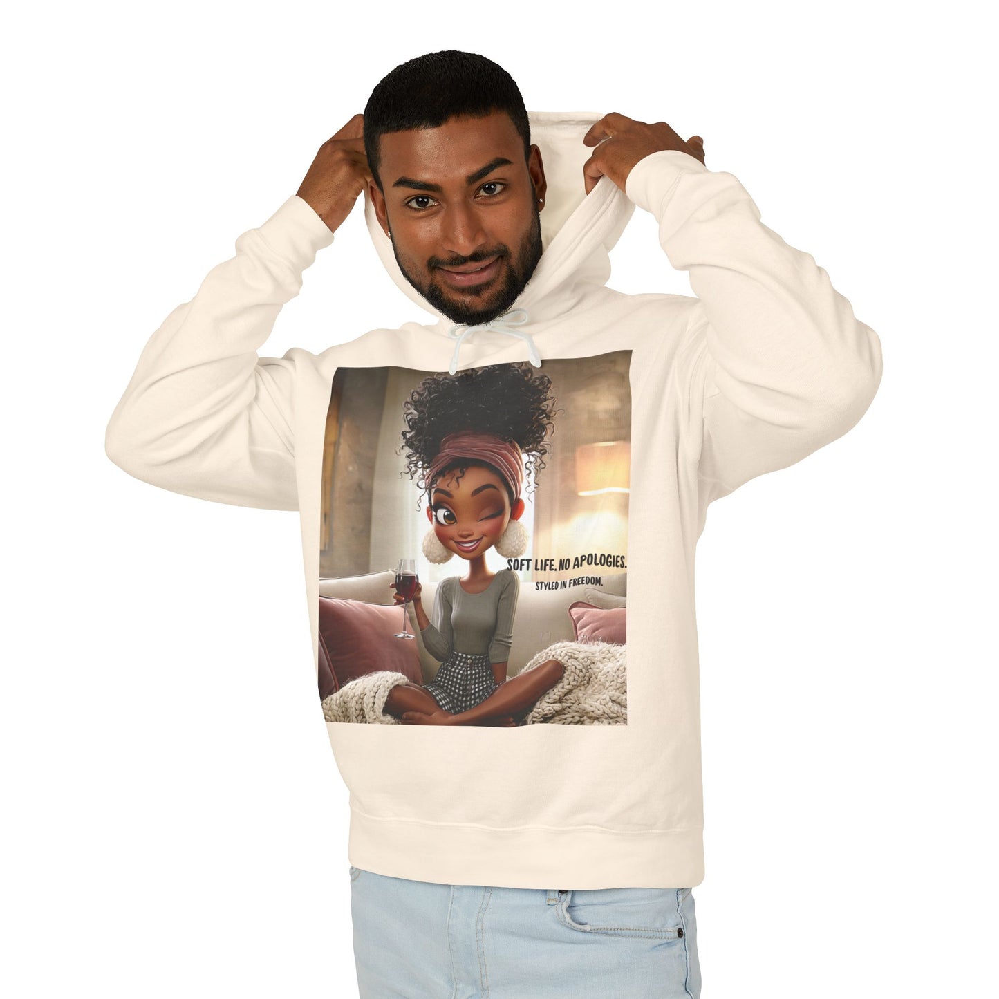“Soft Life, No Apologies.” Hoodie — Cute Relaxing Cartoon Sweatshirt