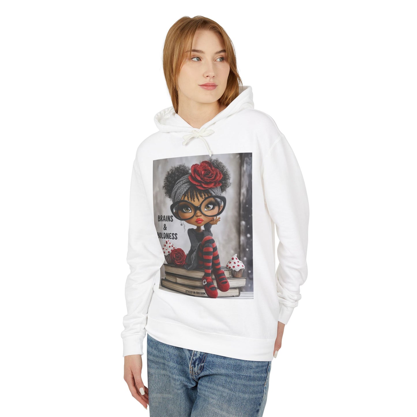 LIMITED EDITION | Brains & Boldness Chic Scholar Doll — Retro Glasses, Red Rose & Striped Socks Graphic Hoodie