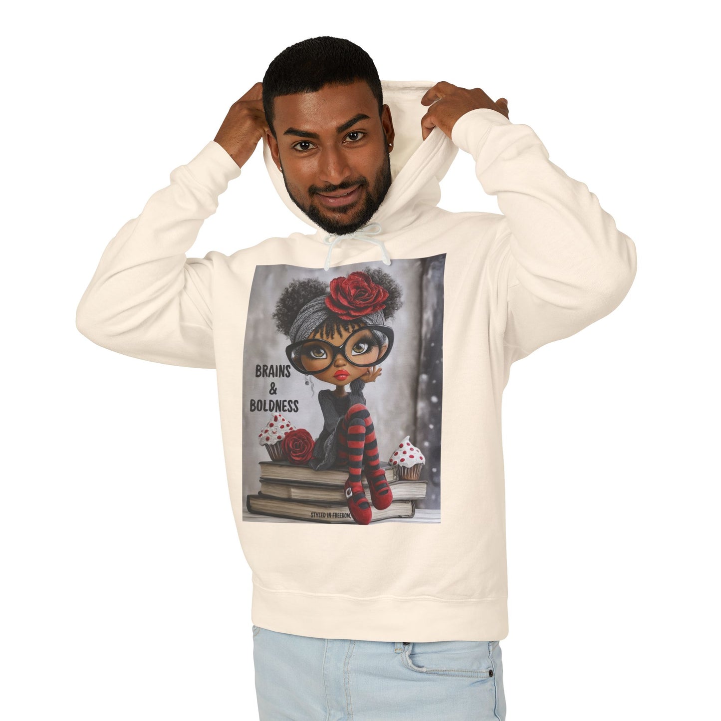 LIMITED EDITION | Brains & Boldness Chic Scholar Doll — Retro Glasses, Red Rose & Striped Socks Graphic Hoodie