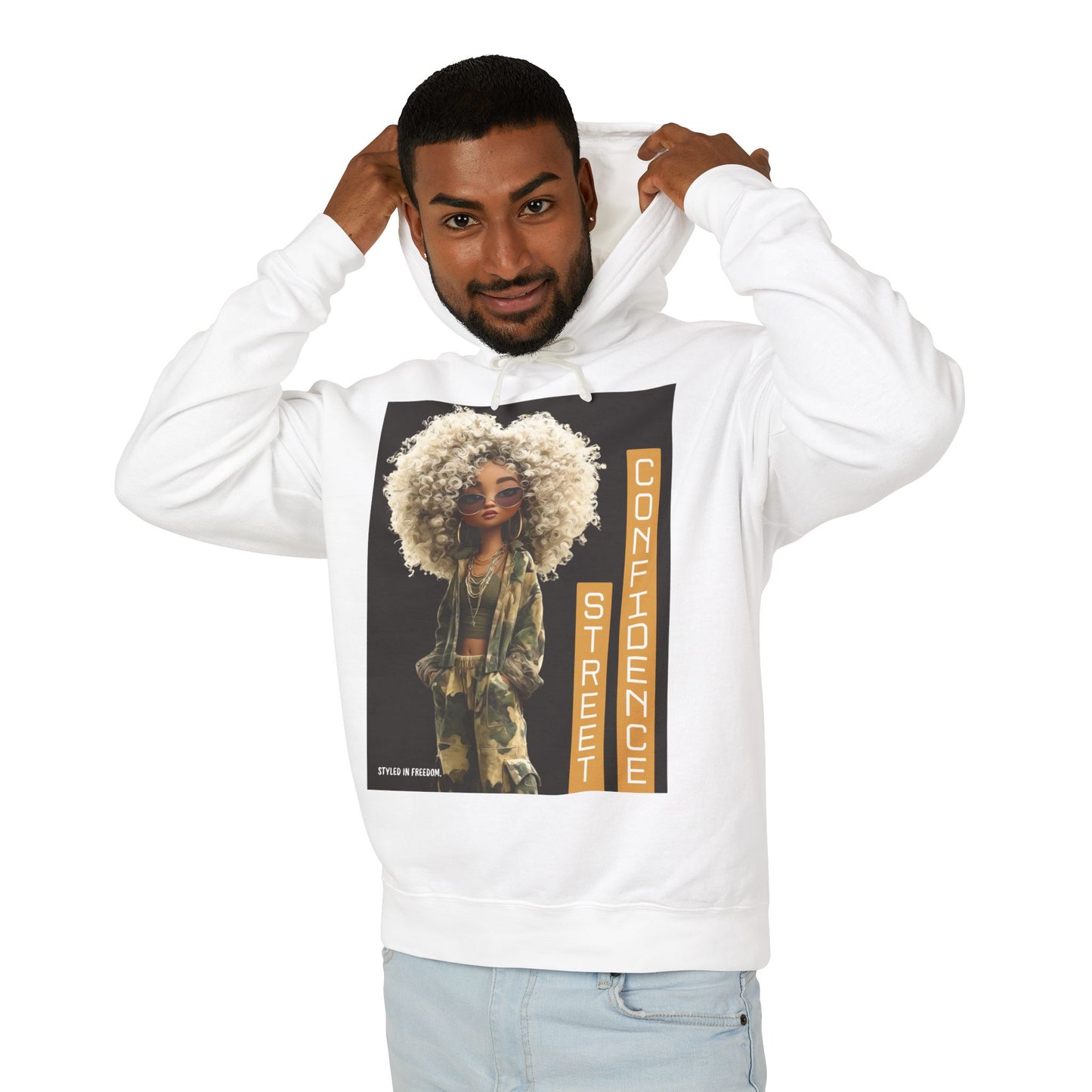 Street Confidence Hoodie — Afro Puff Camouflage Graphic Hooded Sweatshirt