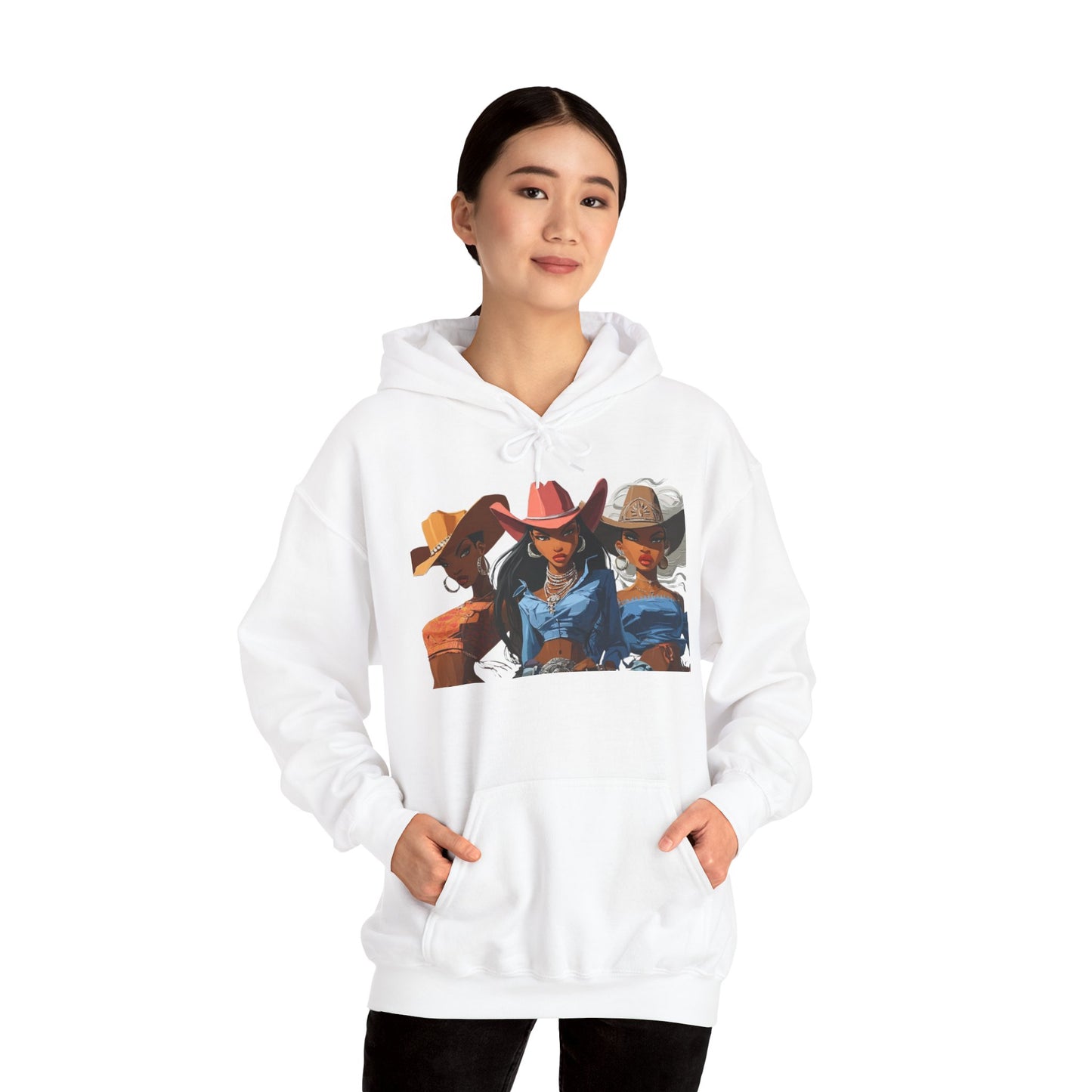 “Yeehaw & Unbothered” Trio Hoodie — Retro Western Cowgirl Graphic Sweatshirt