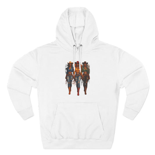 Three Riders Graphic Hoodie — “Yeehaw & Unbothered”, Fantasy Horsewomen Fleece Pullover