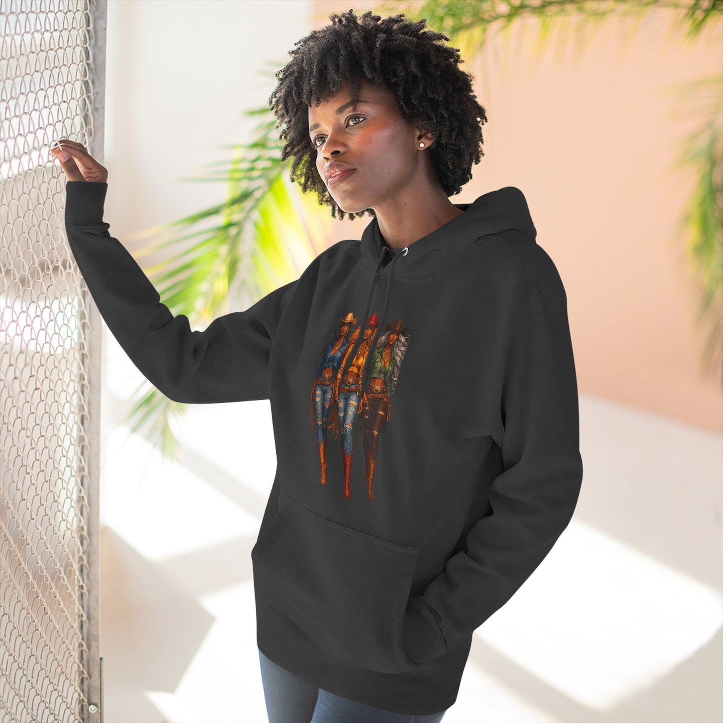Three Riders Graphic Hoodie — “Yeehaw & Unbothered”, Fantasy Horsewomen Fleece Pullover