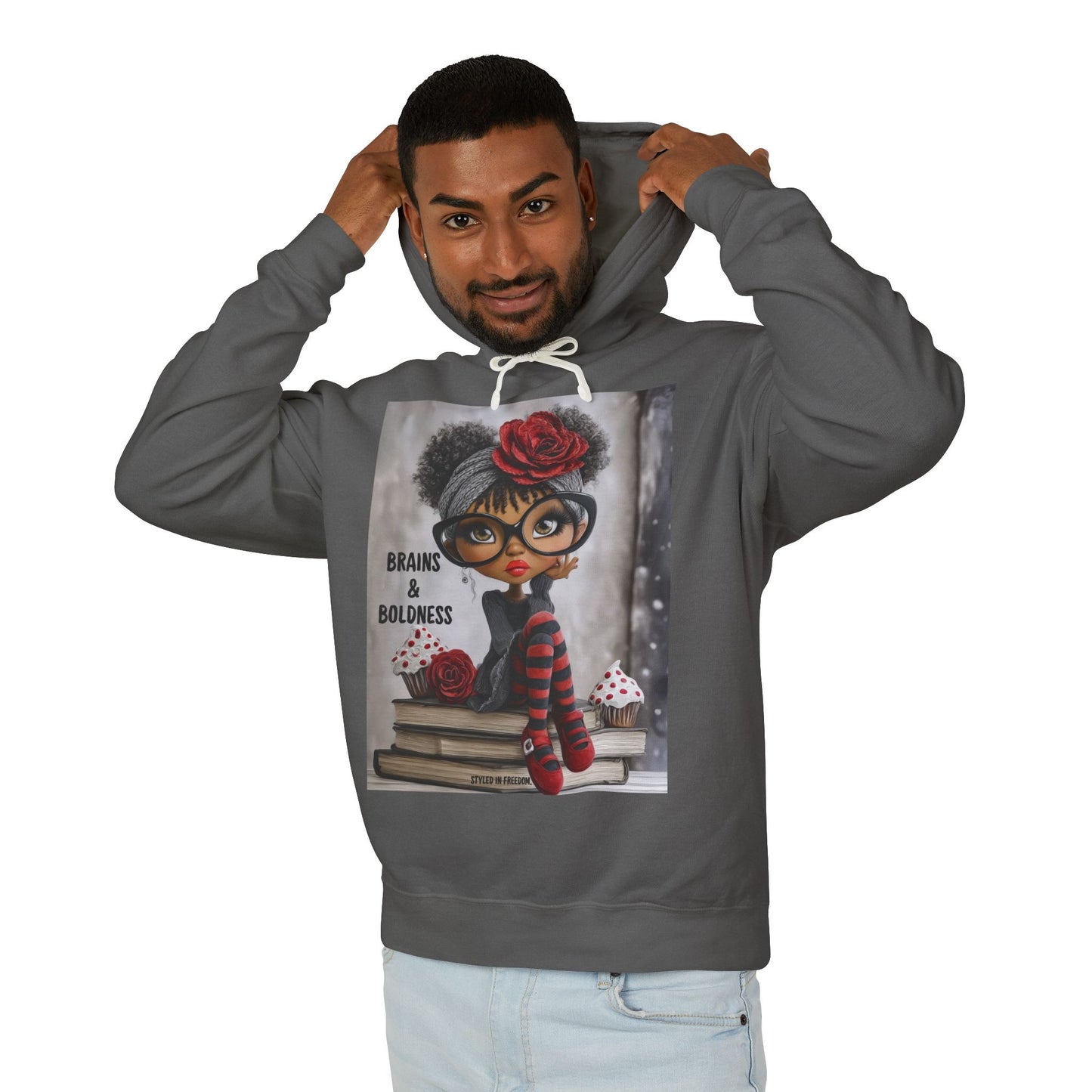 LIMITED EDITION | Brains & Boldness Chic Scholar Doll — Retro Glasses, Red Rose & Striped Socks Graphic Hoodie