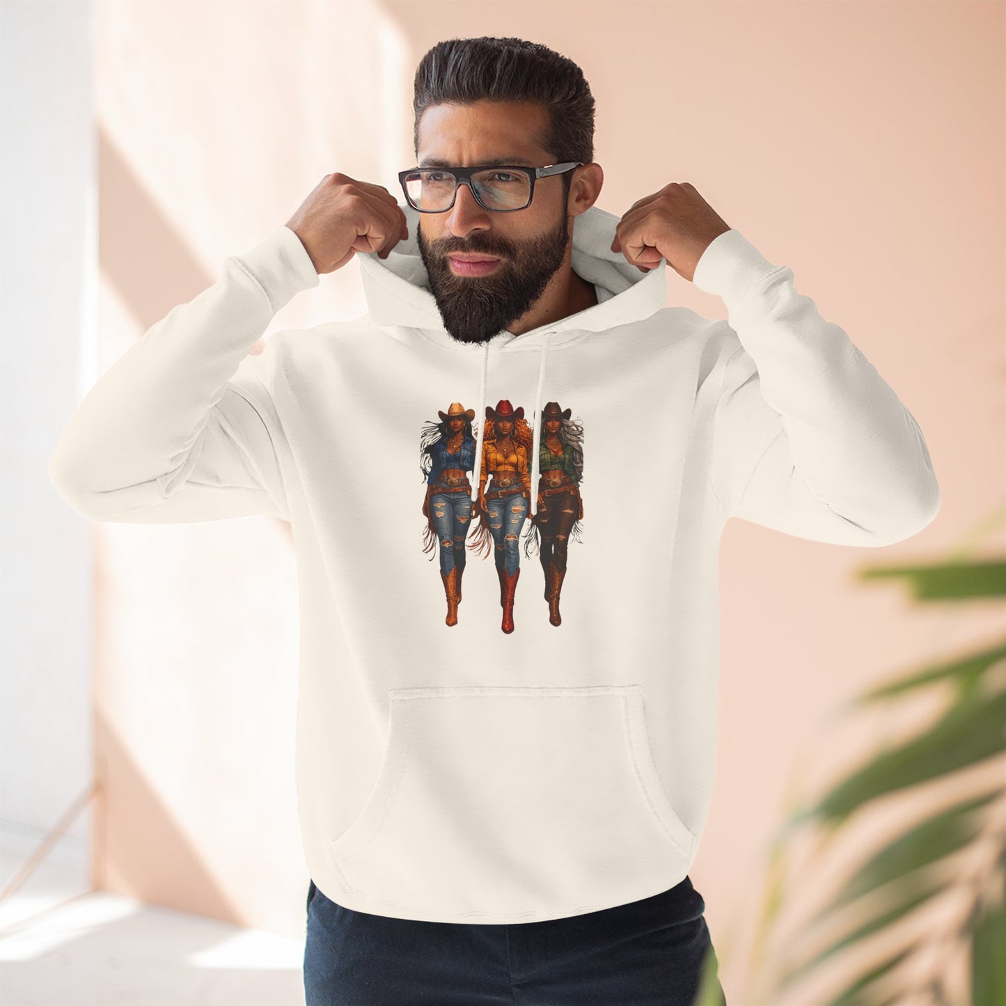 Three Riders Graphic Hoodie — “Yeehaw & Unbothered”, Fantasy Horsewomen Fleece Pullover