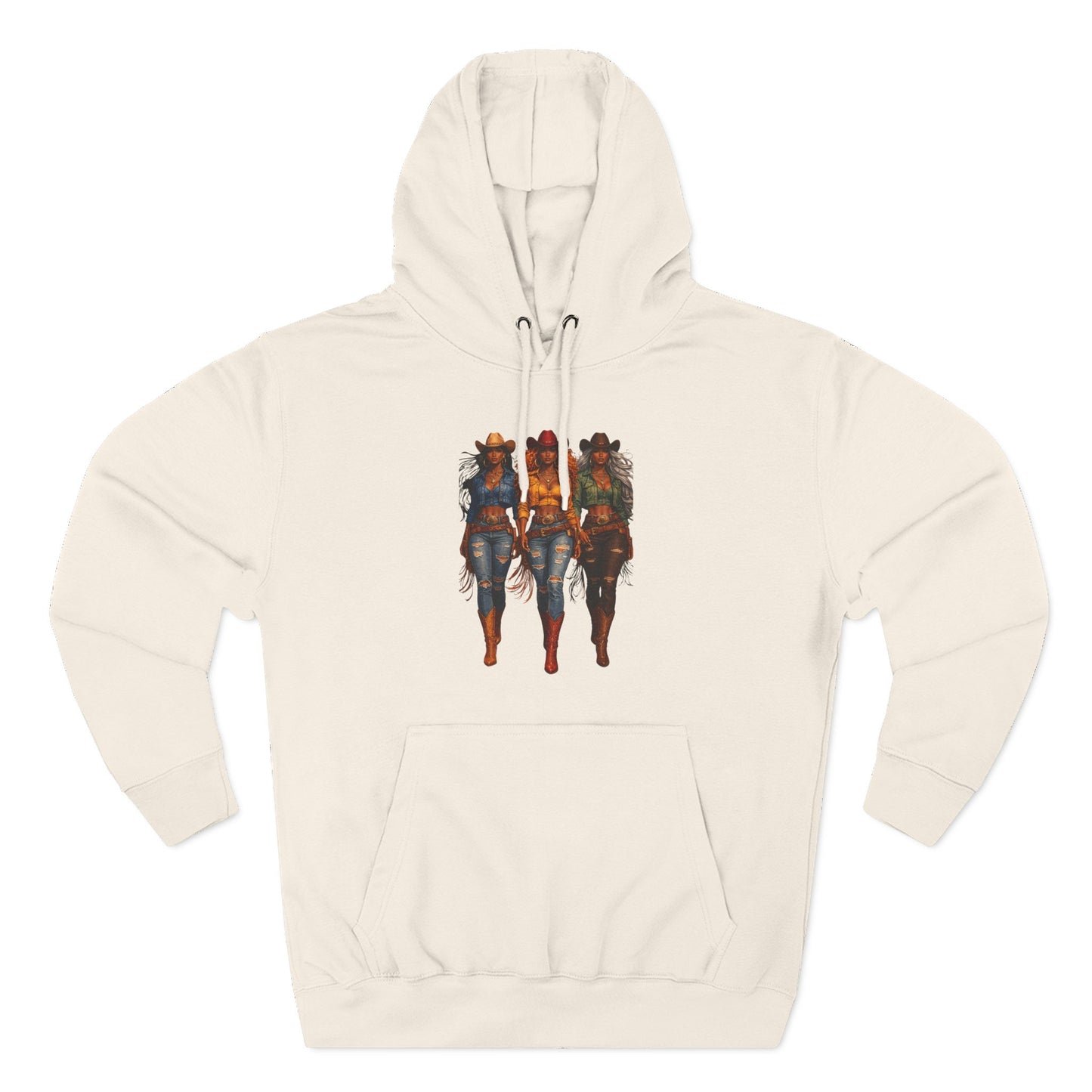 Three Riders Graphic Hoodie — “Yeehaw & Unbothered”, Fantasy Horsewomen Fleece Pullover