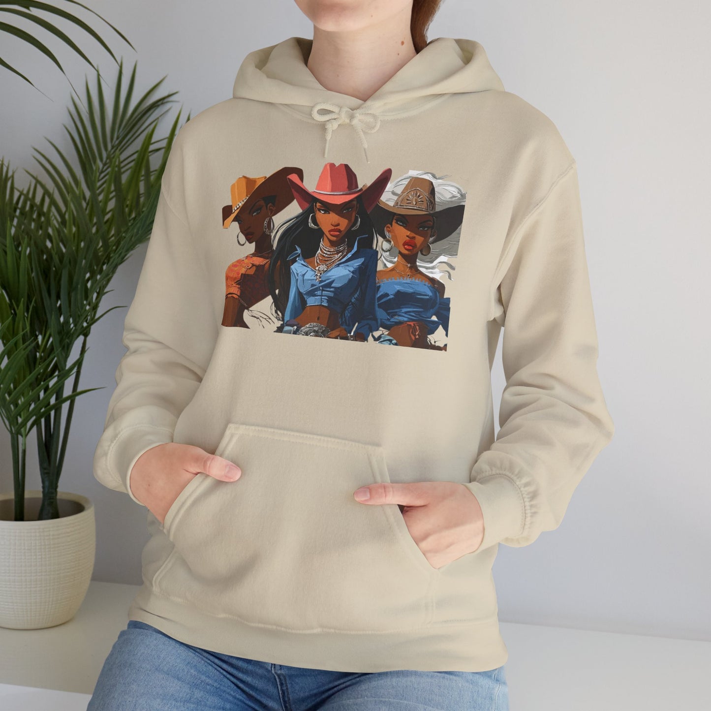 “Yeehaw & Unbothered” Trio Hoodie — Retro Western Cowgirl Graphic Sweatshirt