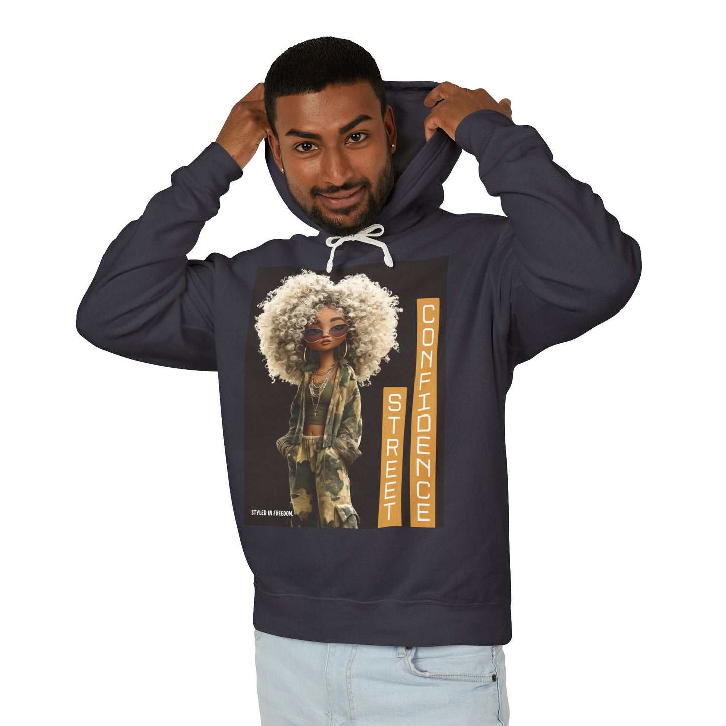Street Confidence Hoodie — Afro Puff Camouflage Graphic Hooded Sweatshirt