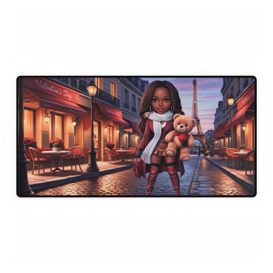 Valentine's Day Desk Mat - Cozy Parisian Scene with Teddy Bear