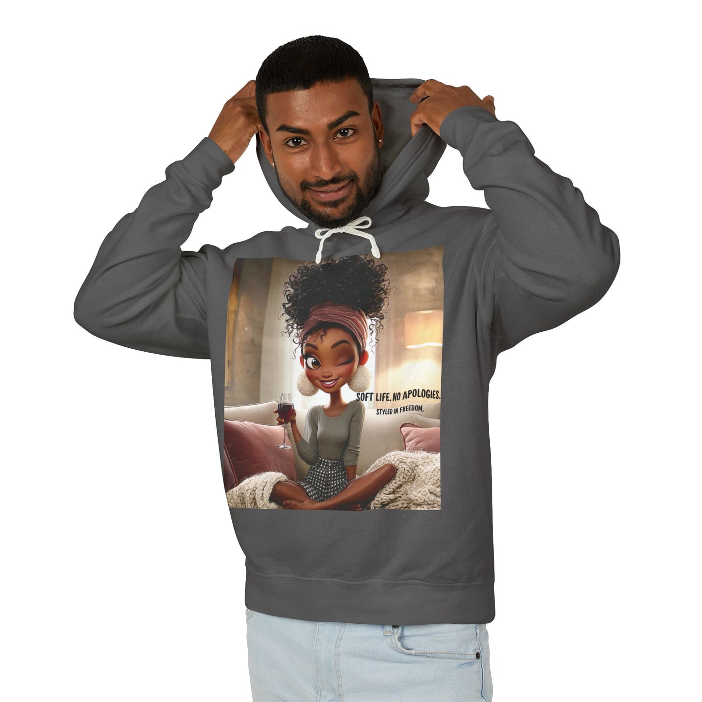 “Soft Life, No Apologies.” Hoodie — Cute Relaxing Cartoon Sweatshirt