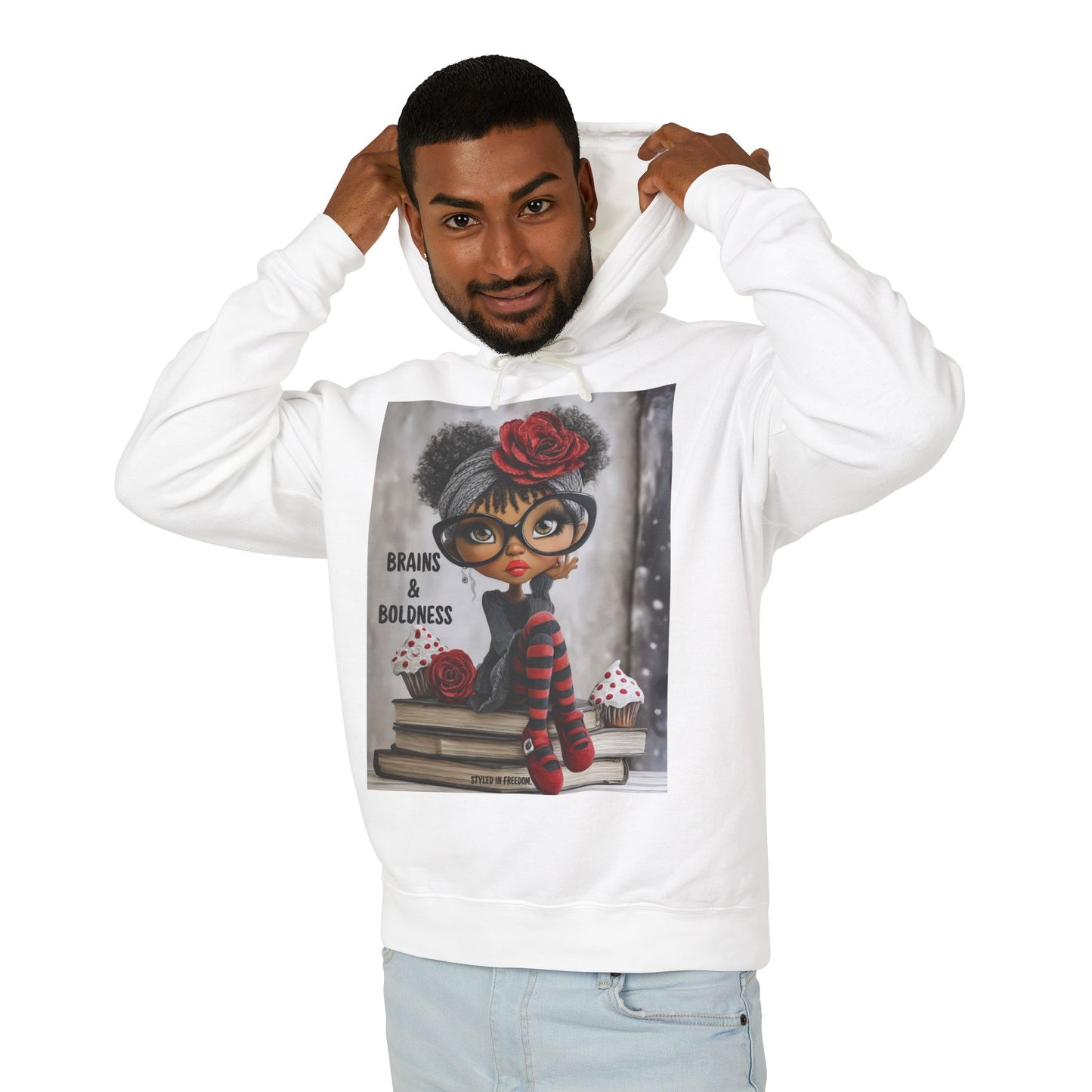 LIMITED EDITION | Brains & Boldness Chic Scholar Doll — Retro Glasses, Red Rose & Striped Socks Graphic Hoodie