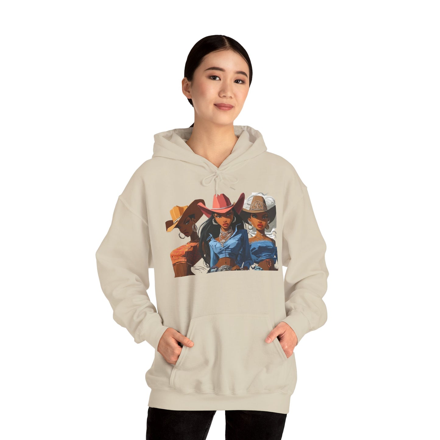 “Yeehaw & Unbothered” Trio Hoodie — Retro Western Cowgirl Graphic Sweatshirt