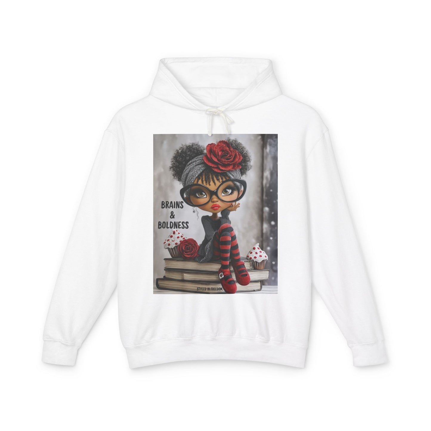 LIMITED EDITION | Brains & Boldness Chic Scholar Doll — Retro Glasses, Red Rose & Striped Socks Graphic Hoodie