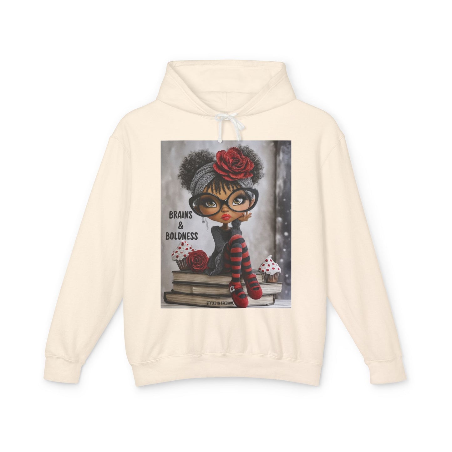 LIMITED EDITION | Brains & Boldness Chic Scholar Doll — Retro Glasses, Red Rose & Striped Socks Graphic Hoodie