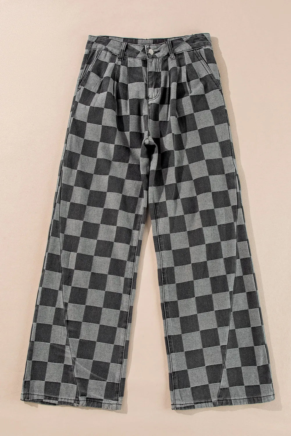 Checkered Wide Leg Jeans with Pockets