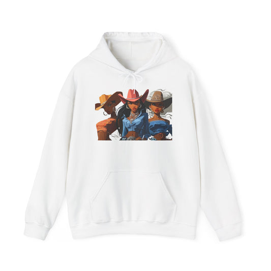 “Yeehaw & Unbothered” Trio Hoodie — Retro Western Cowgirl Graphic Sweatshirt
